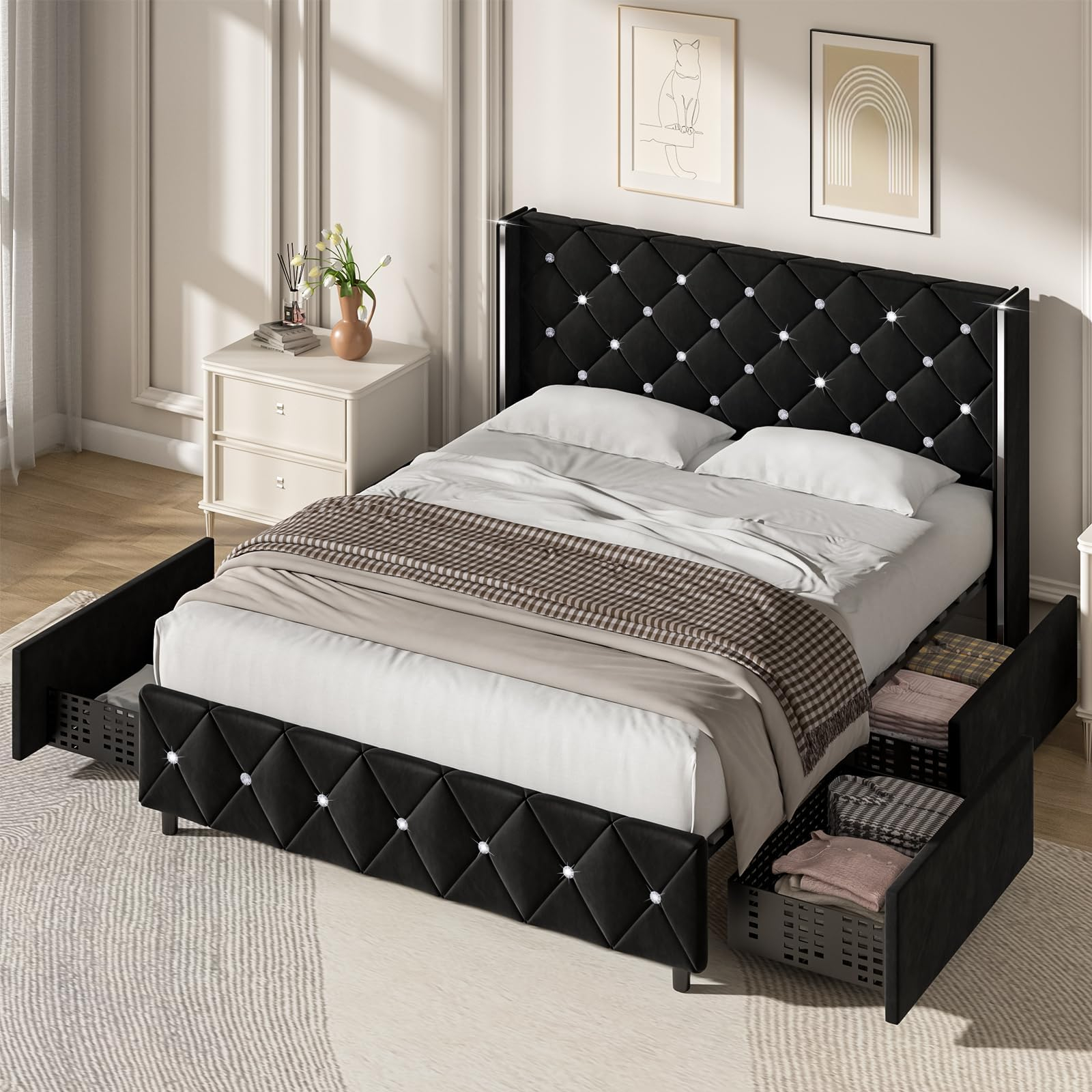 Amazon.com: Hombck Full Size Bed Frame With 4 Storage Drawers, Black ... with regard to Making the Most of Small Spaces with Black Storage Bed Frame Options