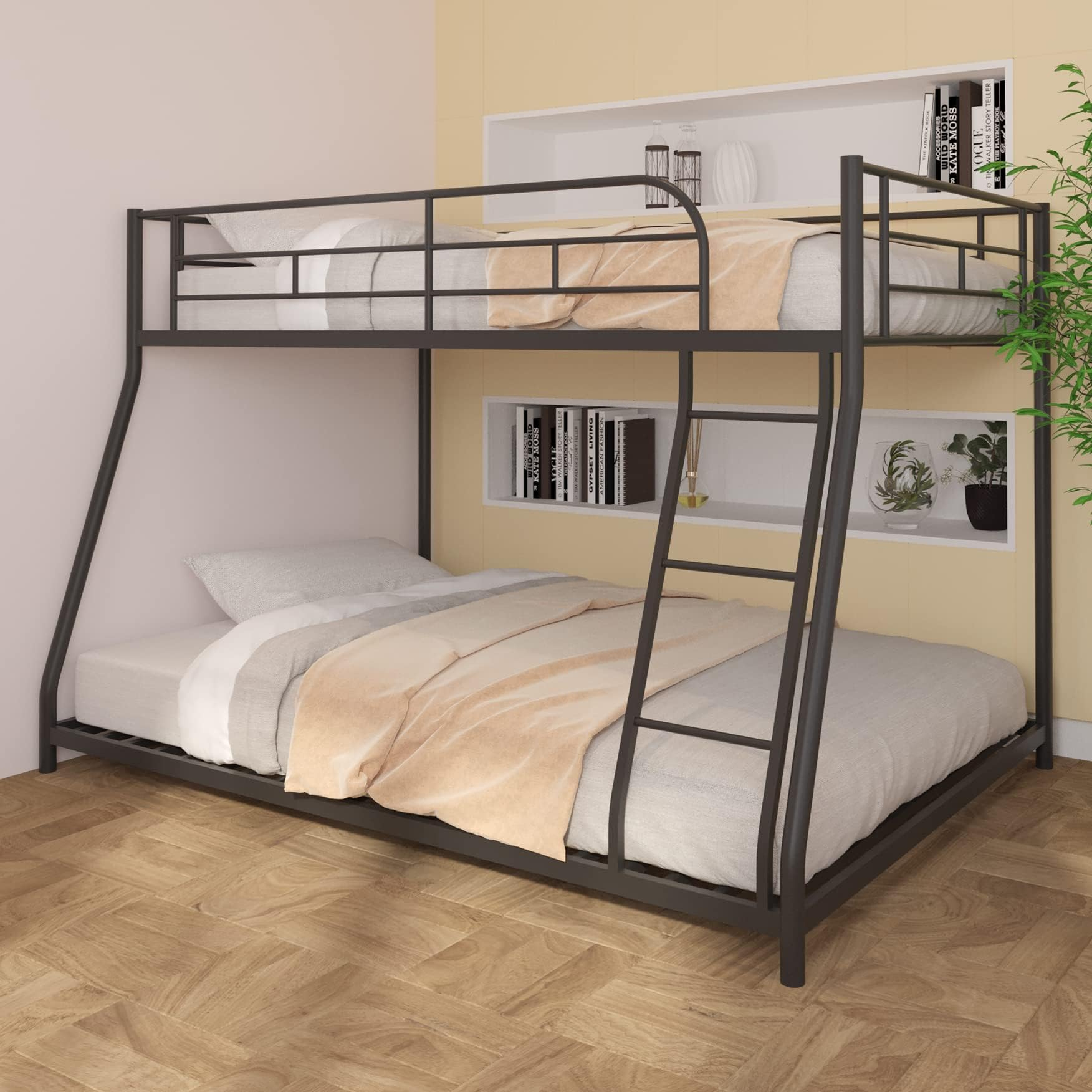 Amazon.com: Homjoones Heavy Duty Metal Bunk Bed Twin Over Full Size ... inside Black Bunk Beds Twin Over Full