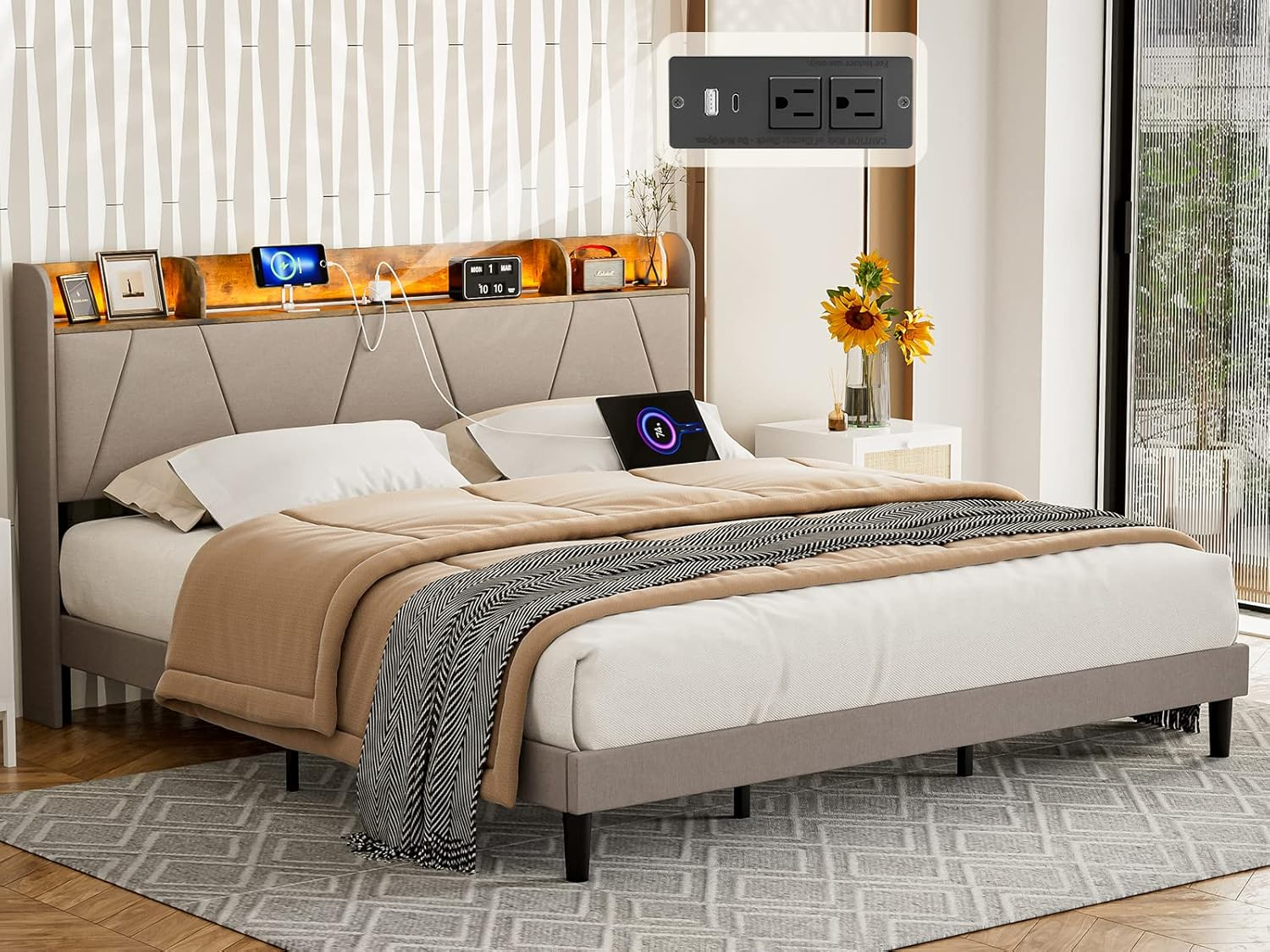Amazon.com: Ikifly California King Bed Frames With Charging Station ... inside Choosing the right california king wooden bed frame with headboard for your bedroom