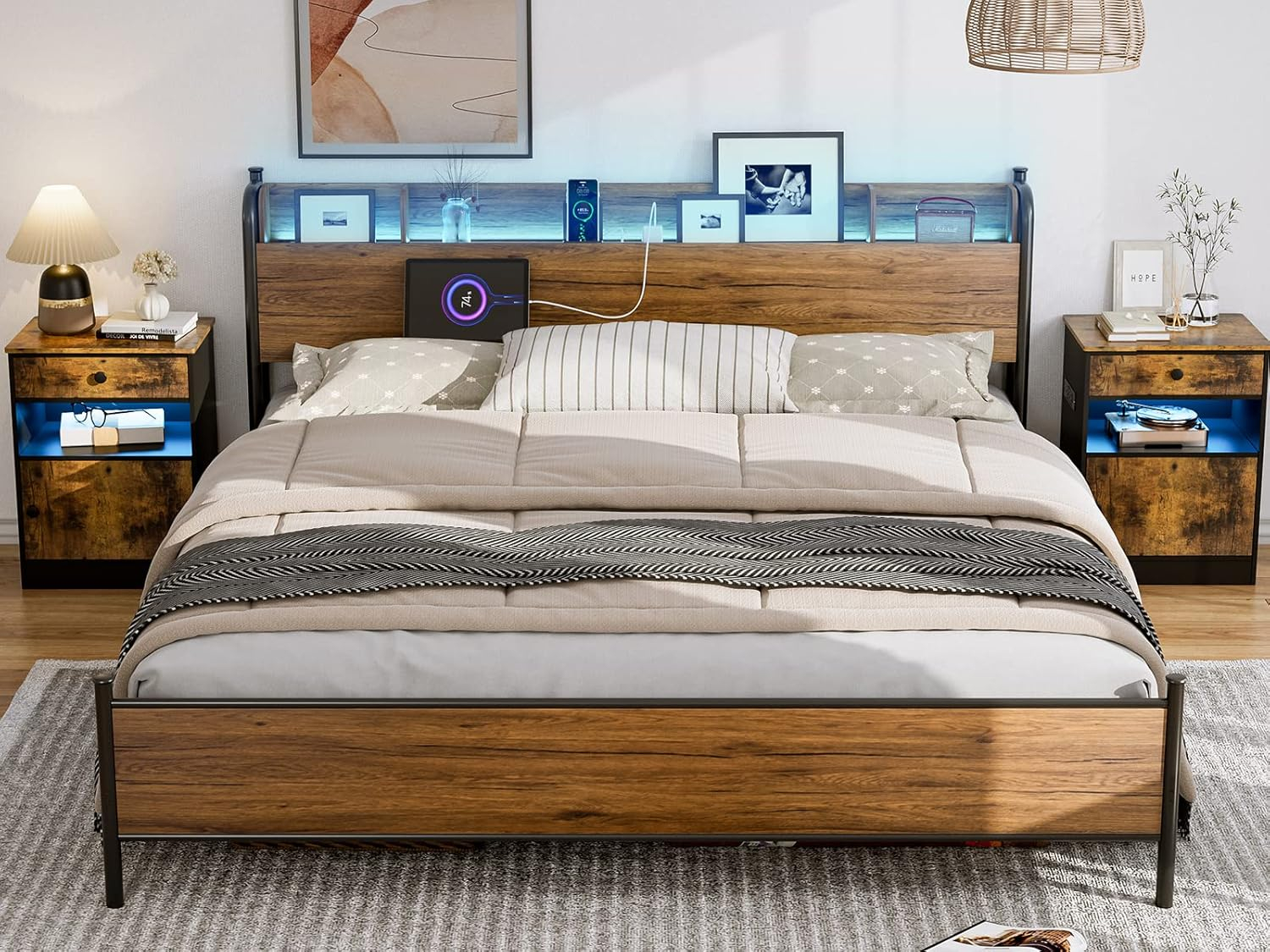 Amazon.com: Ikifly King Size Bed Frame With Storage Shelf Headboard ... throughout Choosing the right metal headboard design for your king size bedroom