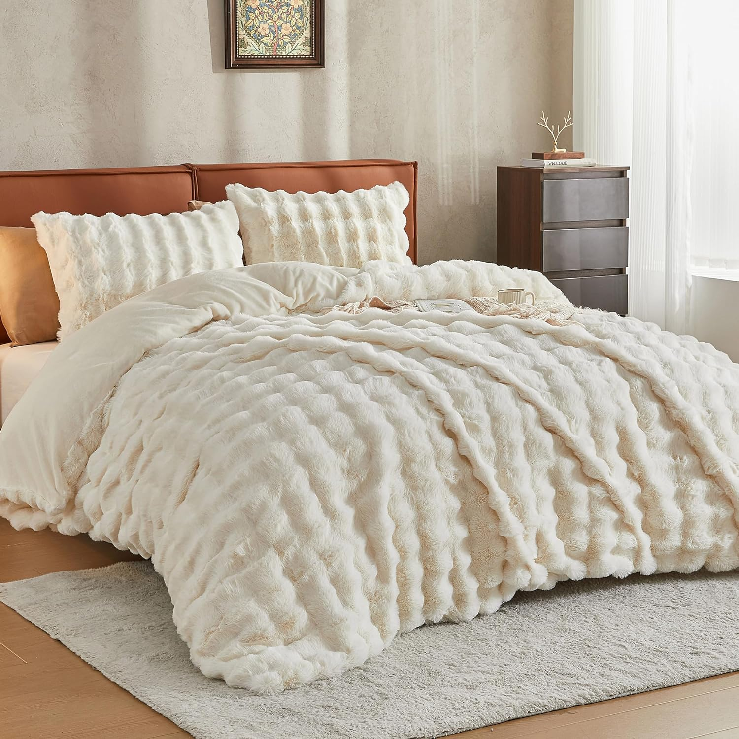 Amazon.com: Jellymoni Plush Duvet Cover Set - Queen Size Beige Faux Fur ... pertaining to Faux Fur Queen Bed Set