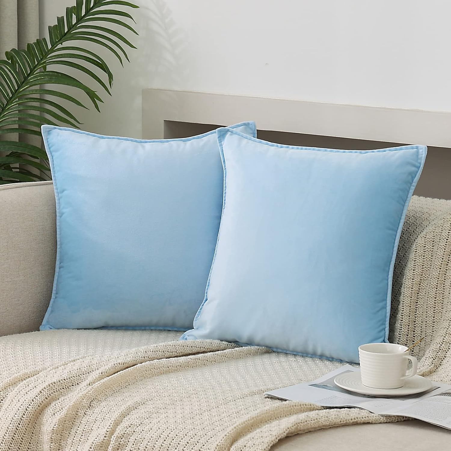 Amazon.com: Jiahannha Velvet Sky Light Blue Throw Pillow Covers Pack Of ... for Blue Decorative Pillows For Bed