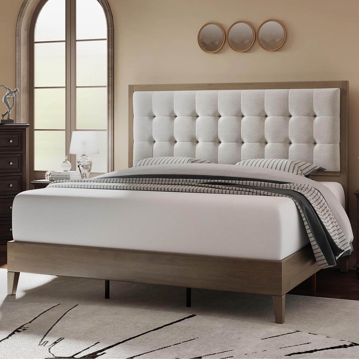 Amazon.com: Jocisland Wood King Size Bed Frame,Tall Upholstered Tufted ... in King Size Bed Frame With Tall Headboard