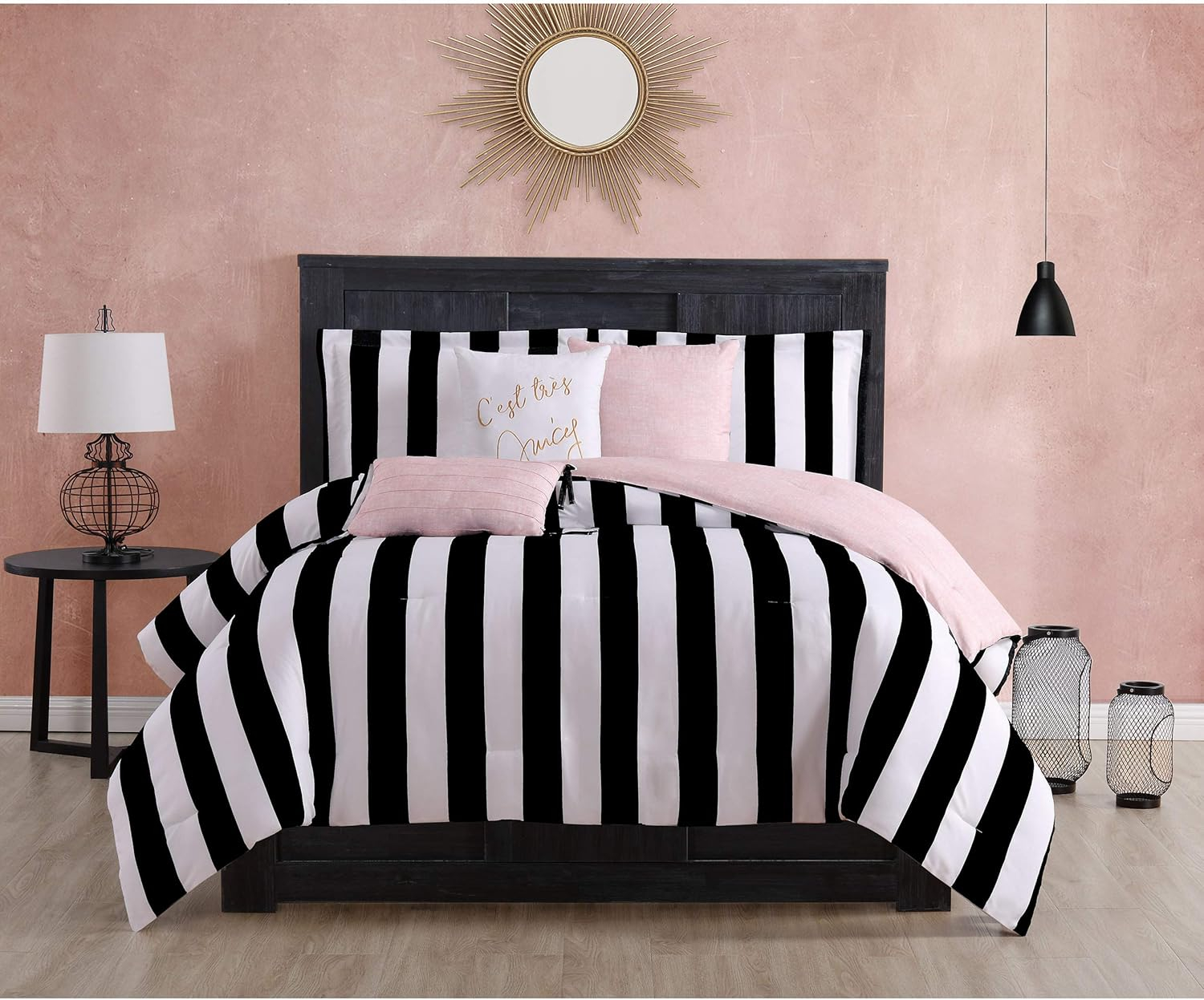 Amazon.com: Juicy Couture Cabana Stripe Reversible Bedding Set - Queen ... with Black And White Striped Bed Sheets