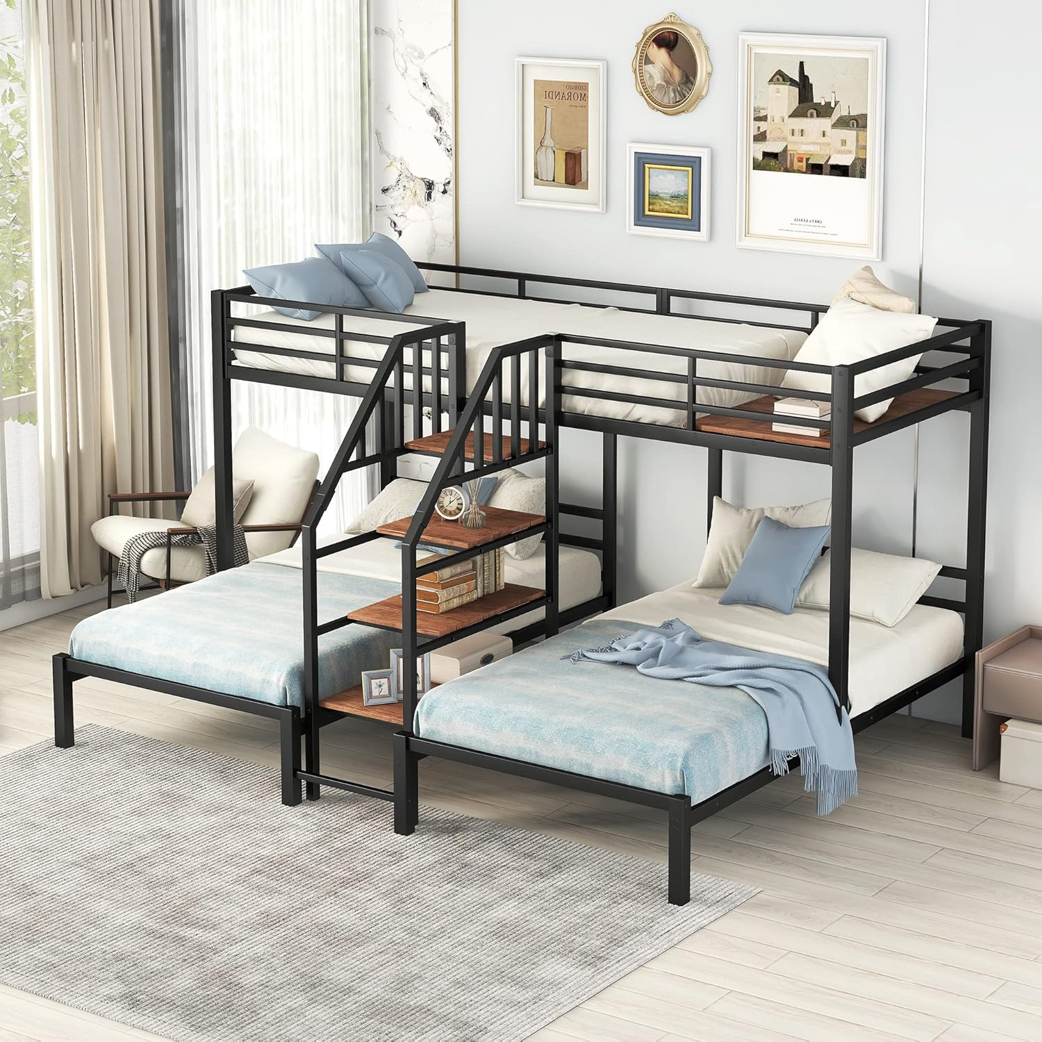 Amazon.com: Linkhoo Metal Twin Over Twin & Twin Bunk Bed, Triple Bunk ... pertaining to Metal Bunk Bed With Stairs