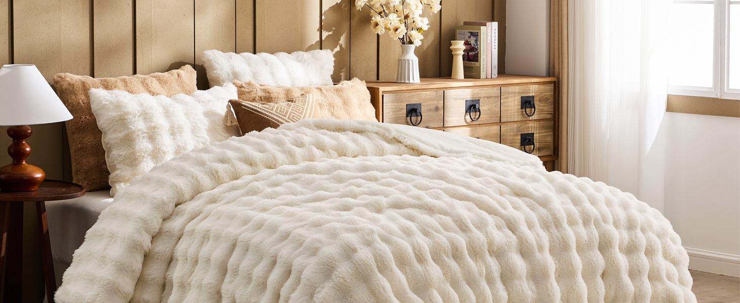Amazon.com: Lotus Karen Faux Fur Queen Comforter Set – Cream White ... throughout Faux Fur Queen Bed Set