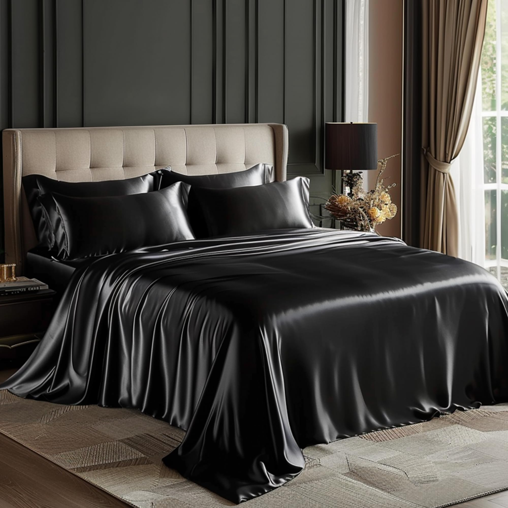 Amazon.com: Love's Cabin Satin Queen Sheets Set - 4 Piece Black Silky ... regarding Black Silk Bed Sheets Queen