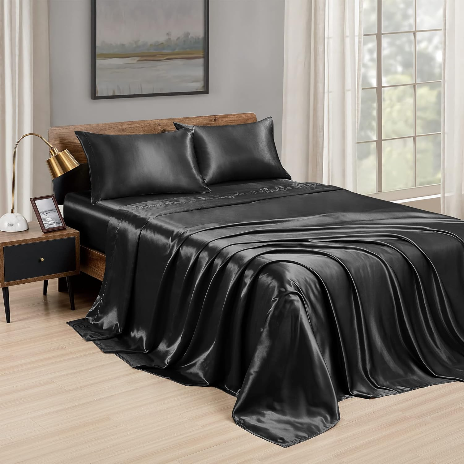 Amazon.com: Love's Cabin Satin Queen Sheets Set Black, Silky Satin Bed ... throughout Why black silk queen bed sets represent the pinnacle of sleep luxury