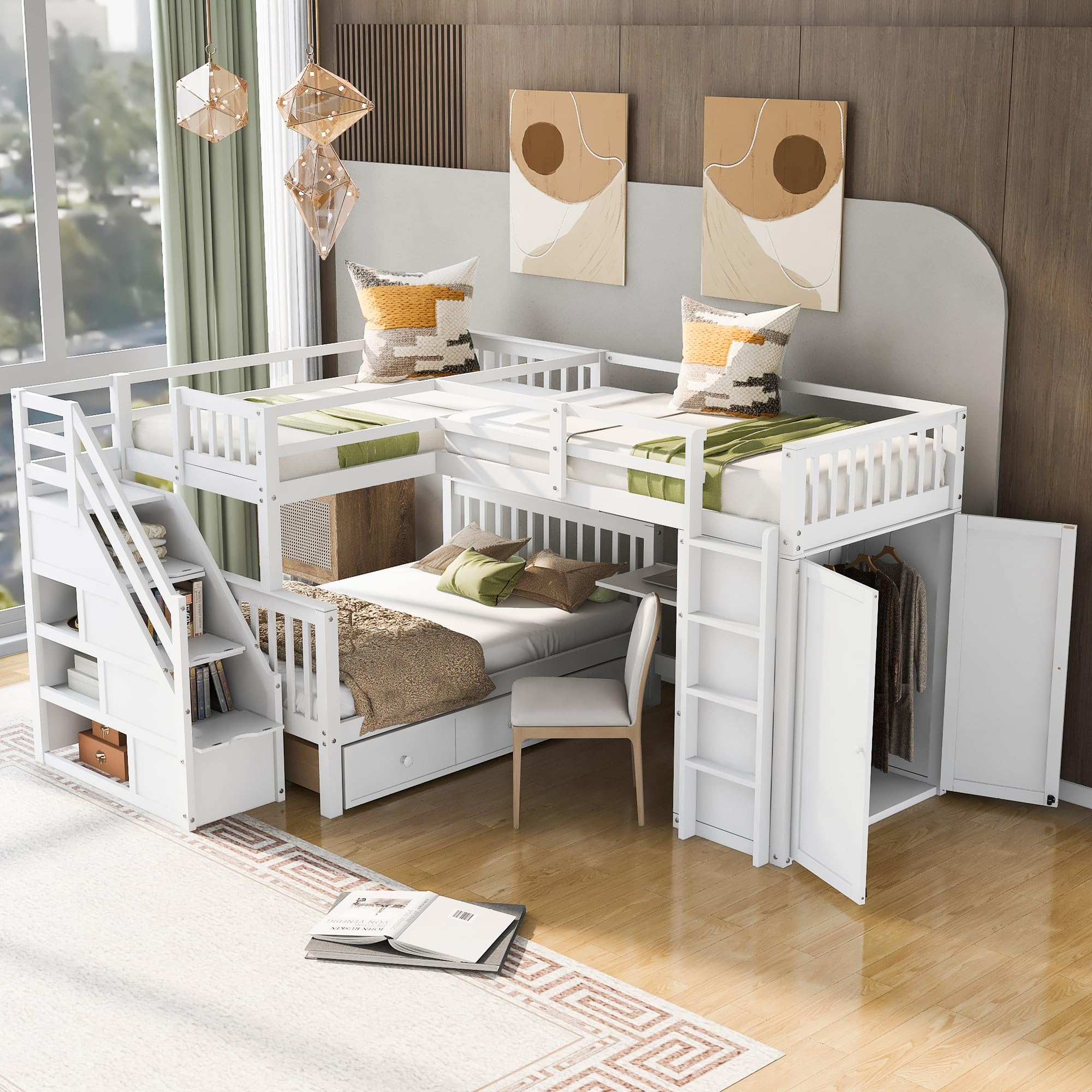 Amazon.com: Merax L-Shaped Triple Bunk Bed With Desk & Stairs, Twin ... pertaining to L Shaped Bunk Beds For Small Rooms