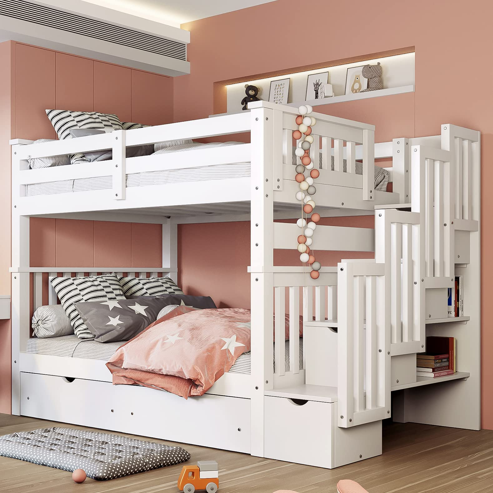 Amazon.com: Meritline Full Over Full Bunk Bed With Stairs And 6 Storage ... in Drawer stairs for bunk beds design trends and practical considerations