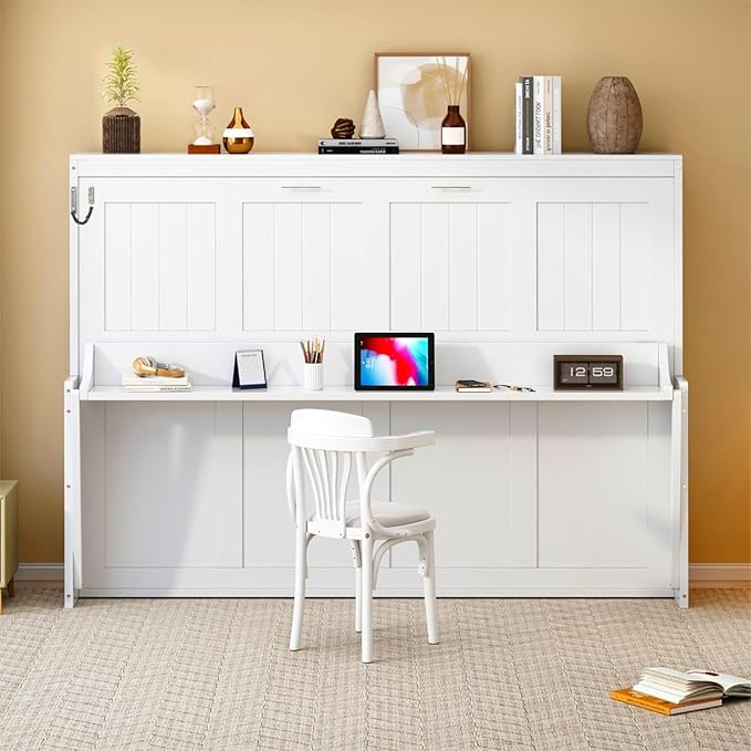 Amazon.com: Meritline Queen Horizontal Murphy Bed With Desk,Wood ... in Horizontal Murphy Bed With Desk