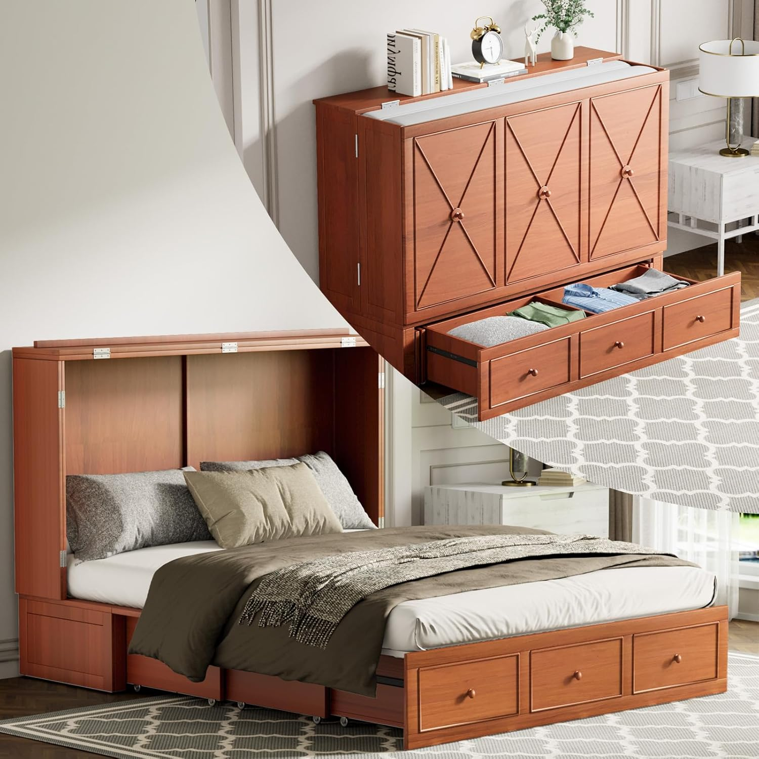 Amazon.com: Mjkone Murphy Bed, Cabinet Bed With Tri-Fold Mattress ... in Solid Wood Murphy Bed Cabinet