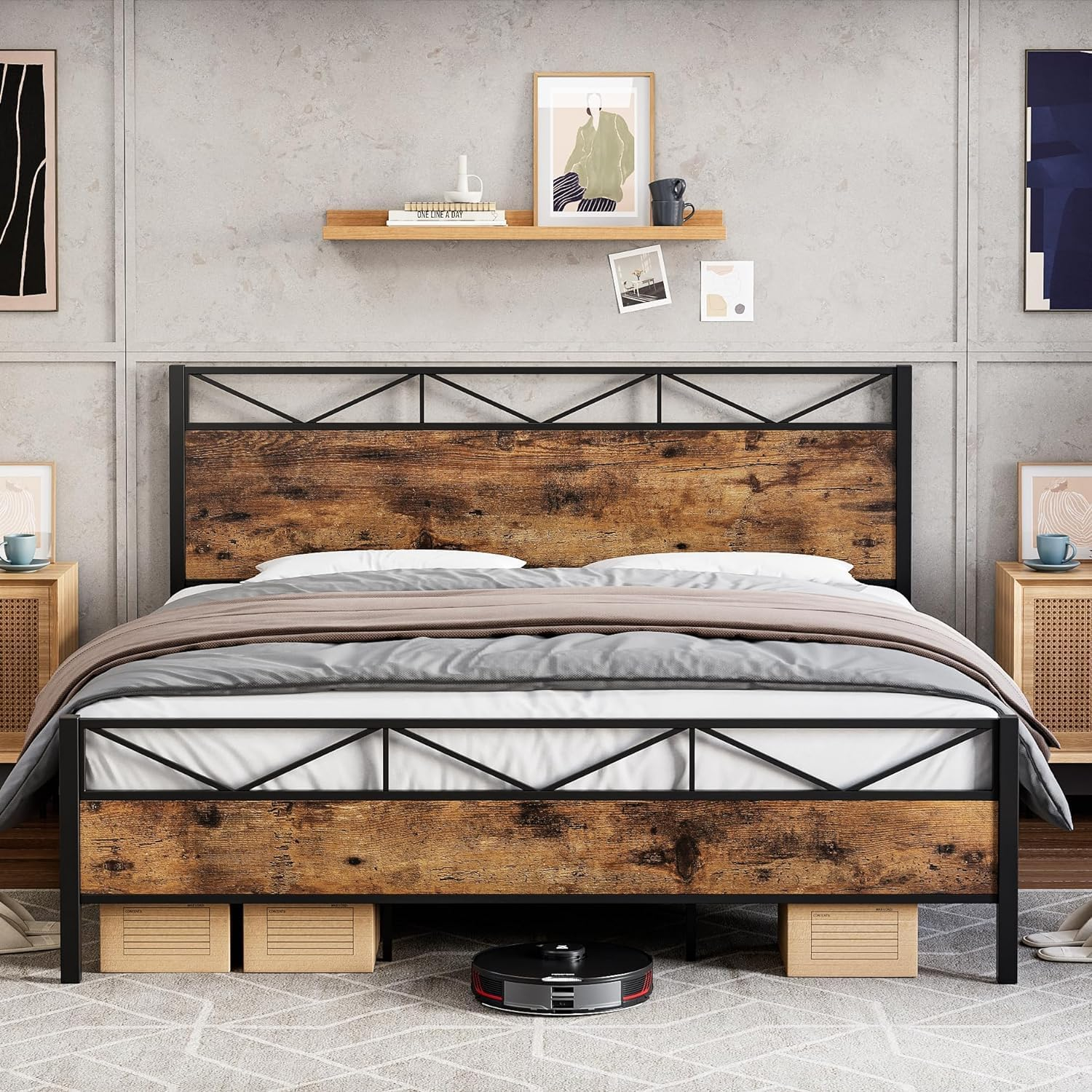Amazon.com: Perbyste King Size Bed Frame With Headboard, Industrial ... for Understanding the durability advantages of metal platform king bed frames
