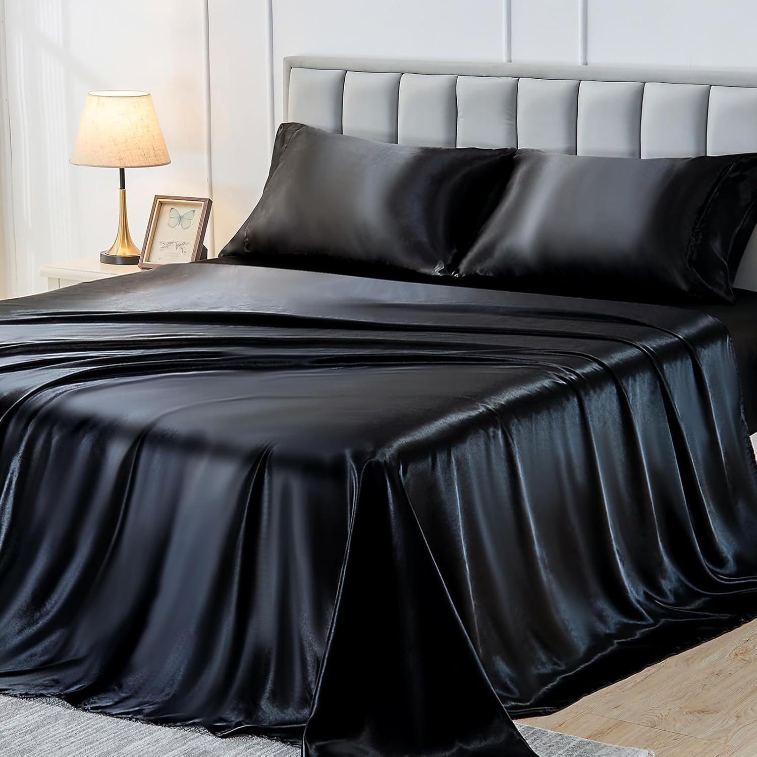 Amazon.com: Sasttie Satin Sheets Queen Size, Black Satin Bed Sheets ... within Everything You Need to Know About Black Queen Bed Sheet Sets