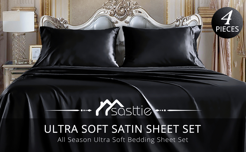 Amazon.com: Sasttie Satin Sheets Queen Size, Black Satin Queen Bed ... throughout Black Queen Bed Sheet Set