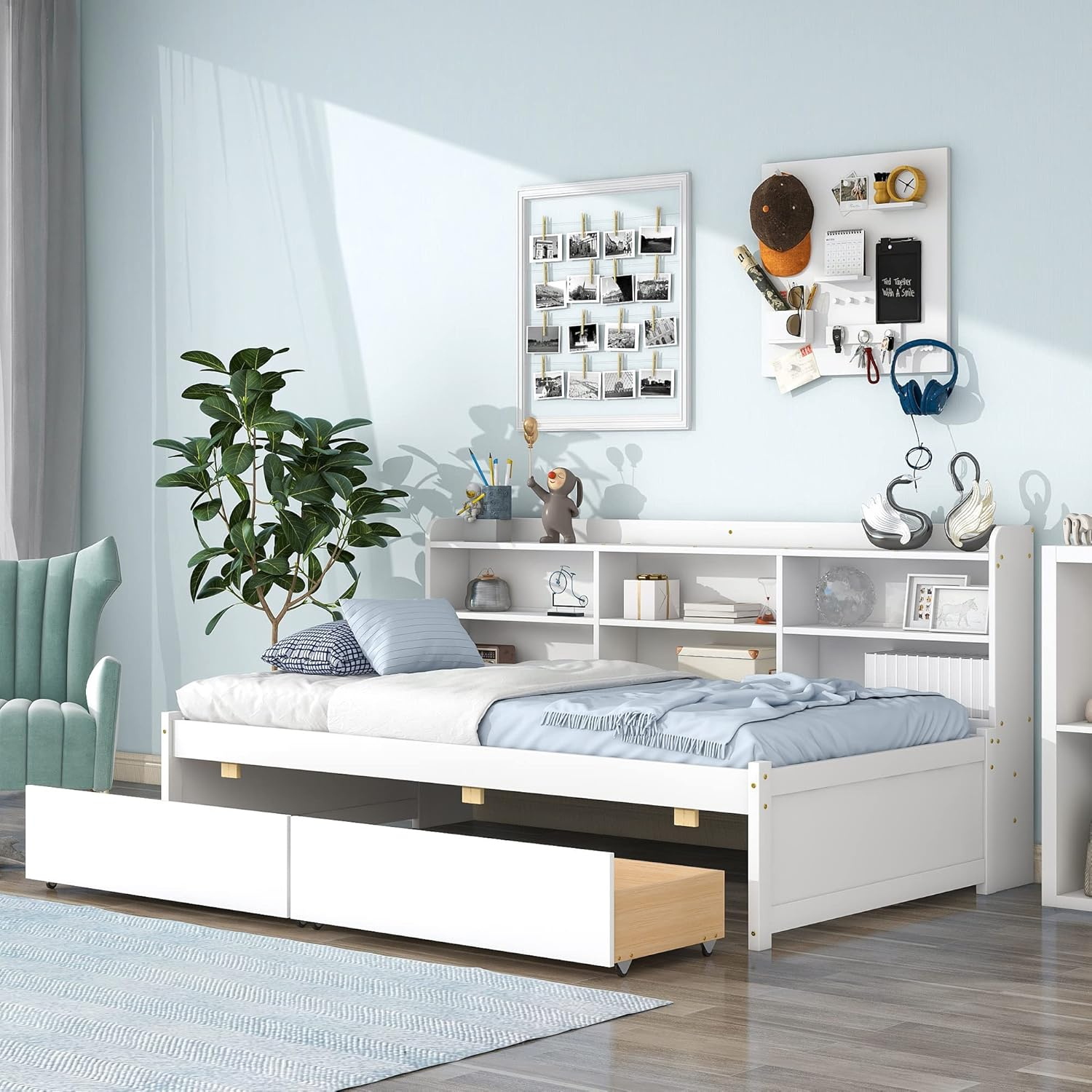 Amazon.com: Twin Bed With Storage Bookcase And Drawers Wood Platform ... in Creative twin bed storage ideas that double as stylish bookshelf furniture