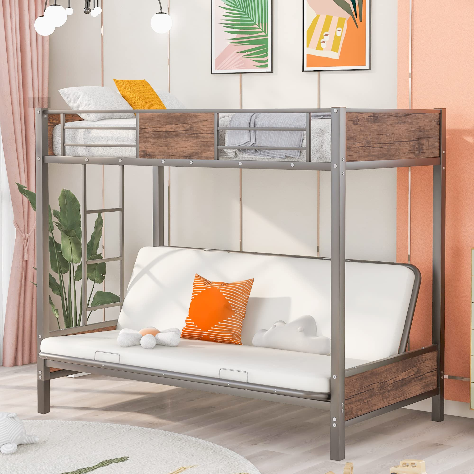 Amazon.com: Twin-Over-Futon Bunk Bed, Metal Bunk Bed Frame Twin Over ... inside Twin And Futon Bunk Bed