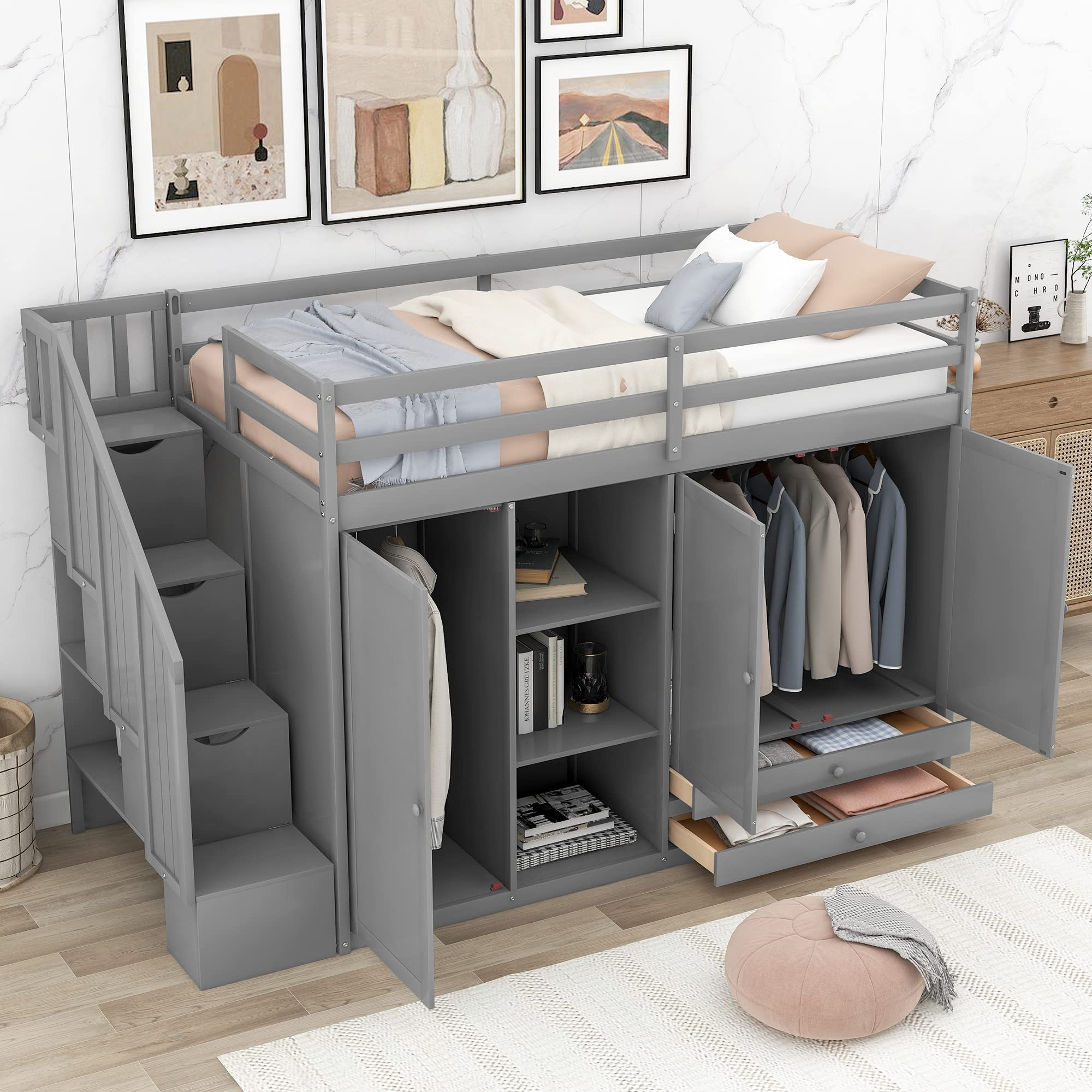 Amazon.com: Twin Size Loft Bed With Stairs, Solid Wood Loft Bed With ... intended for Making the most of your bedroom with clever storage ideas