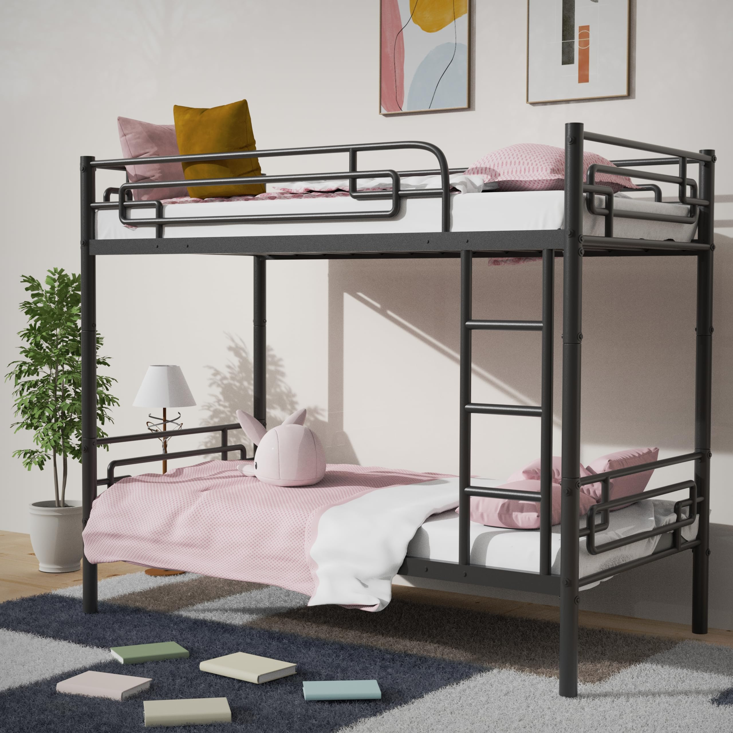 Amazon.com: Vecelo Metal Bunk Bed Twin Over Twin, Industrial Bunkbeds ... pertaining to Black Bunk Beds Twin Over Full