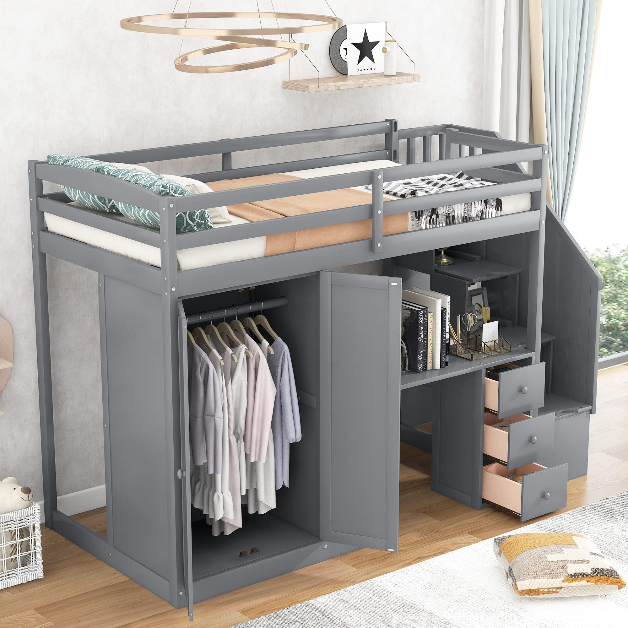 Amazon.com: Woxyx Twin Size Loft Bed With Wardrobe And Staircase, Wood ... for Understanding the Benefits of Twin Loft Beds with Stairs and Storage for Modern Living Spaces