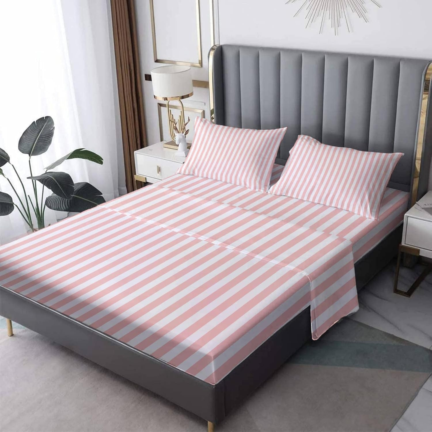 Amazon.com: Zcsm Pink And White Striped Sheets Queen Size - Stripe Bed ... throughout Pink And White Bed Linen