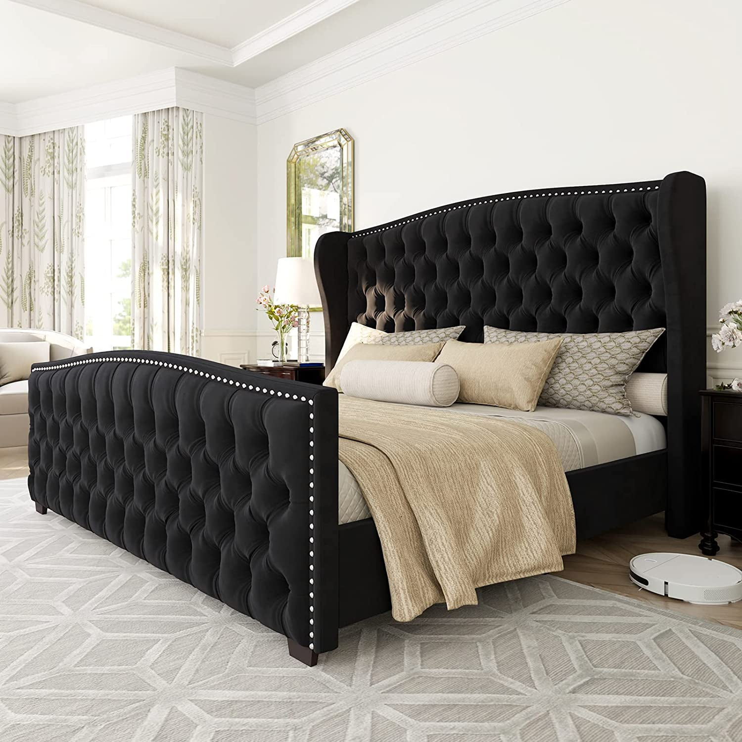 Amerlife Queen Velvet Upholstered Platform Bed With Wingback Headboard ... with regard to Understanding the Art of Queen Size Bed Upholstered Headboard Design