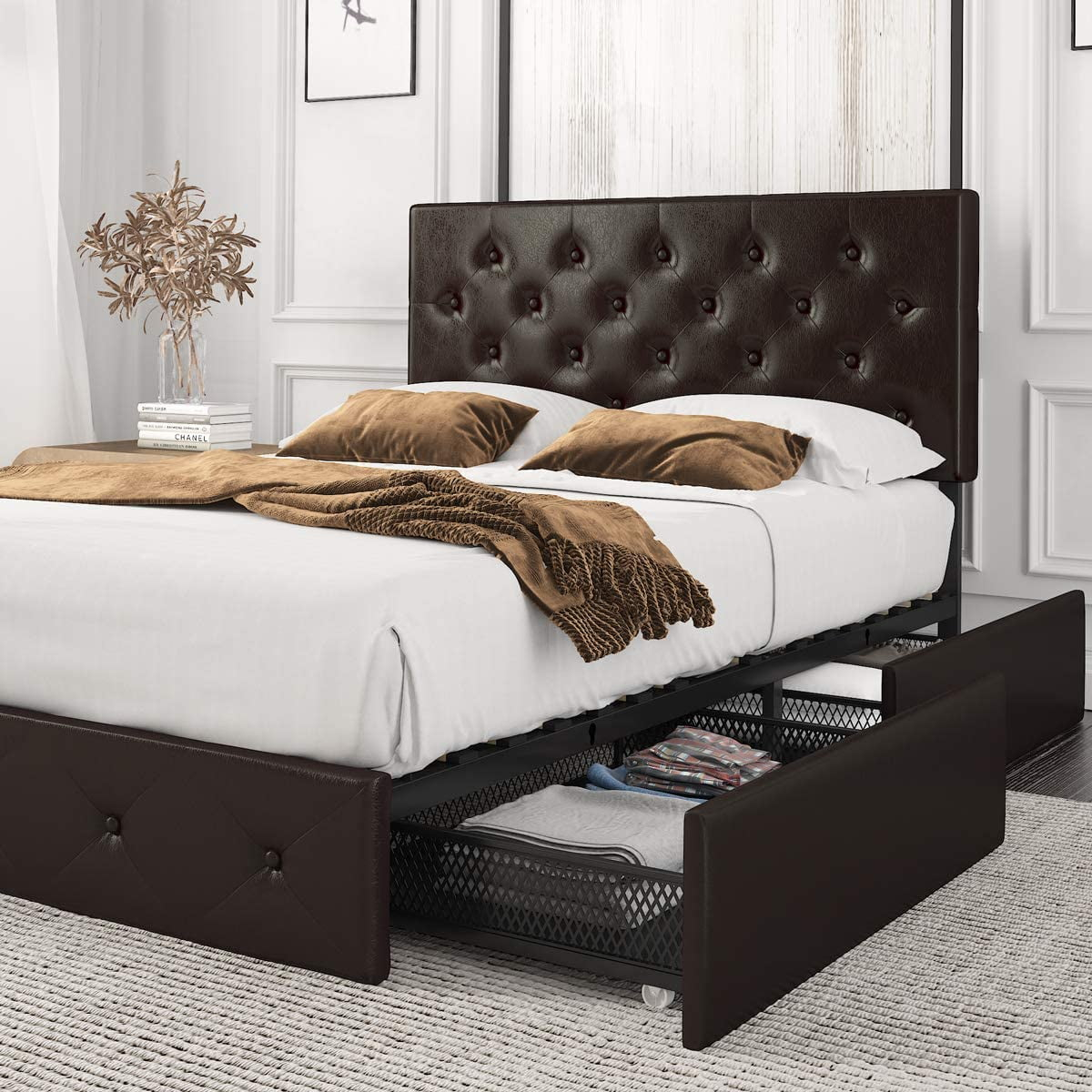 Amolife Queen Size Platform Bed Frame With 4 Storage Drawers, Faux ... in Making the Most of Small Spaces with Black Storage Bed Frame Options