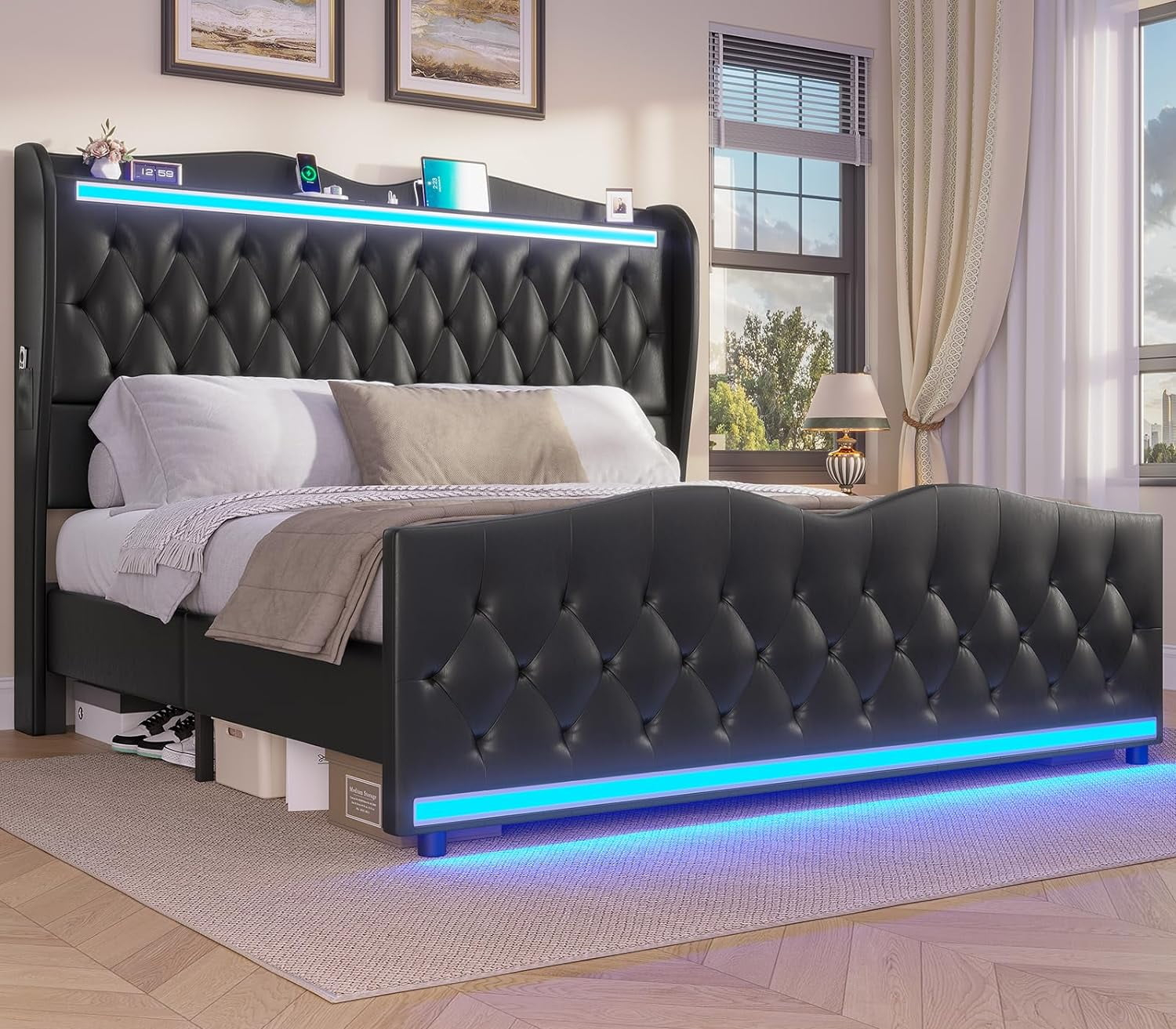 Amuzer King Size Bed Frame With Tall Headboard, Upholstered Platform ... for King Size Bed Frame With Tall Headboard
