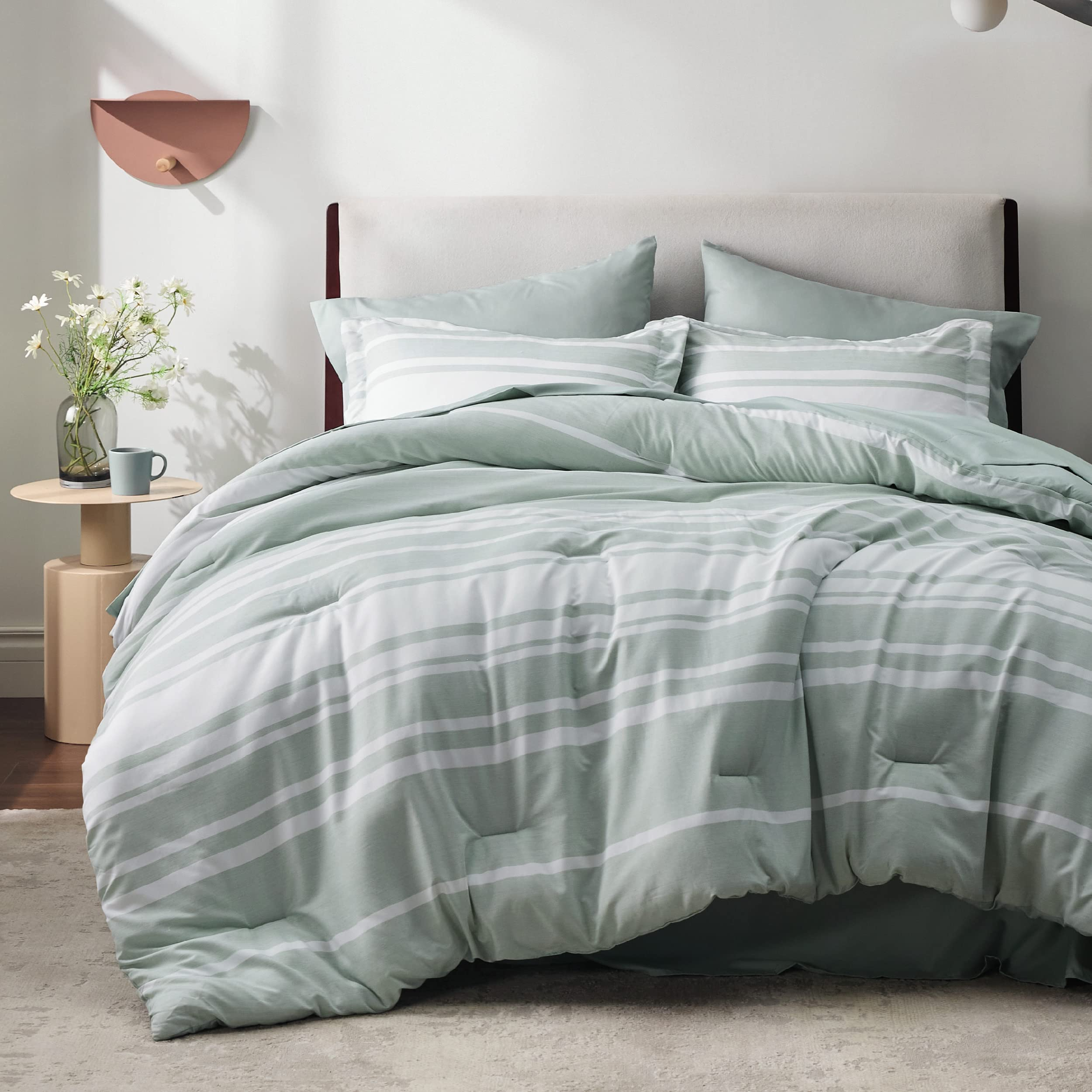 Bedsure Bed In A Bag King Size 7 Pieces, Sage Green White Striped ... with regard to White And Green Bed Linen