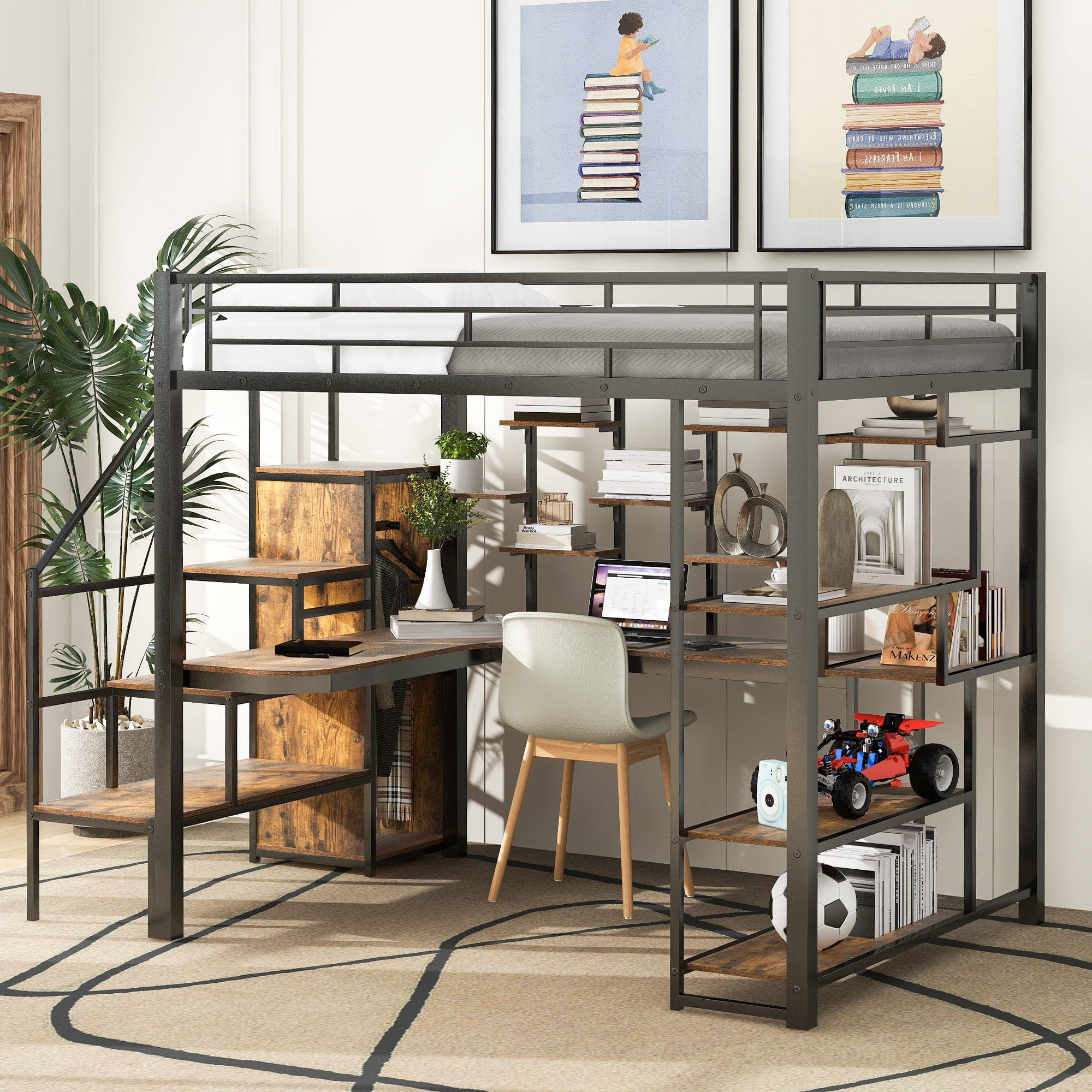 Bellemave Full Size Loft Bed With Desk And Stairs, Metal Loft Bed Frame ... regarding Designing Efficient Multi-Purpose Bedroom Layouts