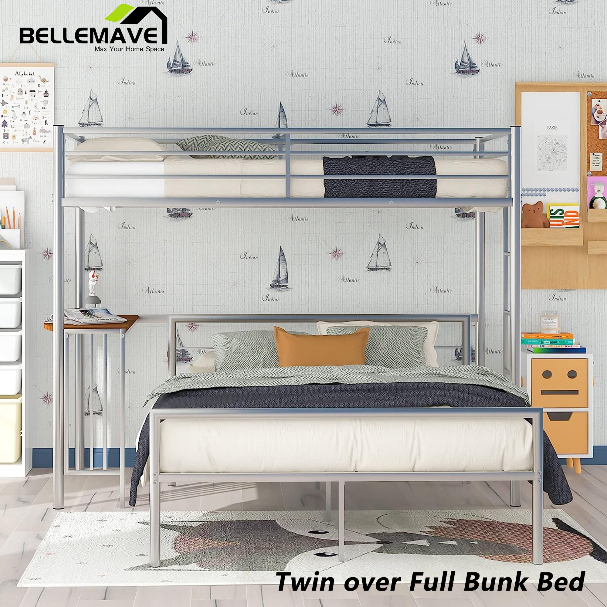 Bellemave Twin Over Full Bunk Bed With Desk, Metal Bunk Bed With Full ... throughout Designing Efficient Living Spaces That Combine Sleep and Work Areas