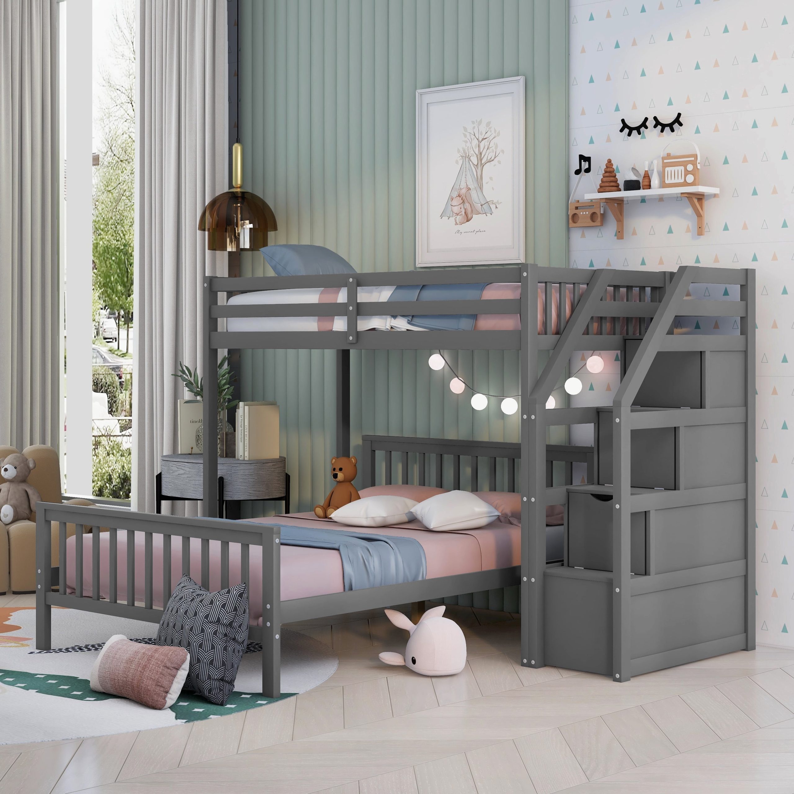 Bellemave Twin-Over-Full Bunk Beds With Stairs, Loft & Platform Bed, No ... within Grey Bunk Bed With Stairs