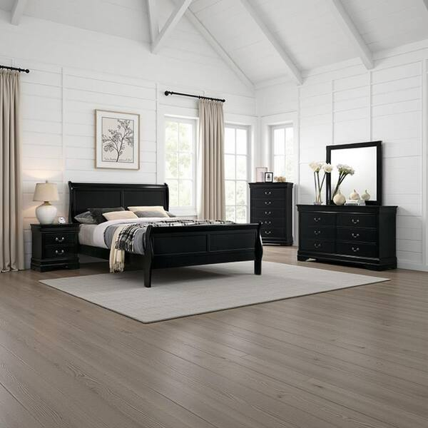 Benjara Ry 3-Piece Black Solid Wood Full Size Bedroom Set With Sleek ... throughout Black Full Size Bedroom Furniture
