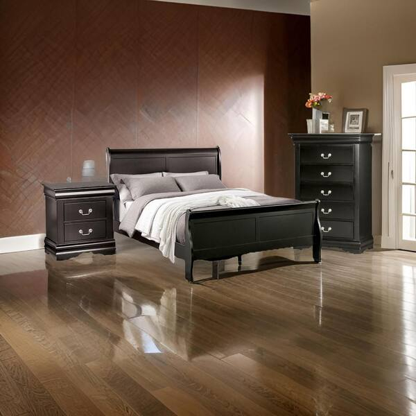 Benjara Ry 3-Piece Black Solid Wood Full Size Bedroom Set With Sleek ... with Black Full Size Bedroom Furniture