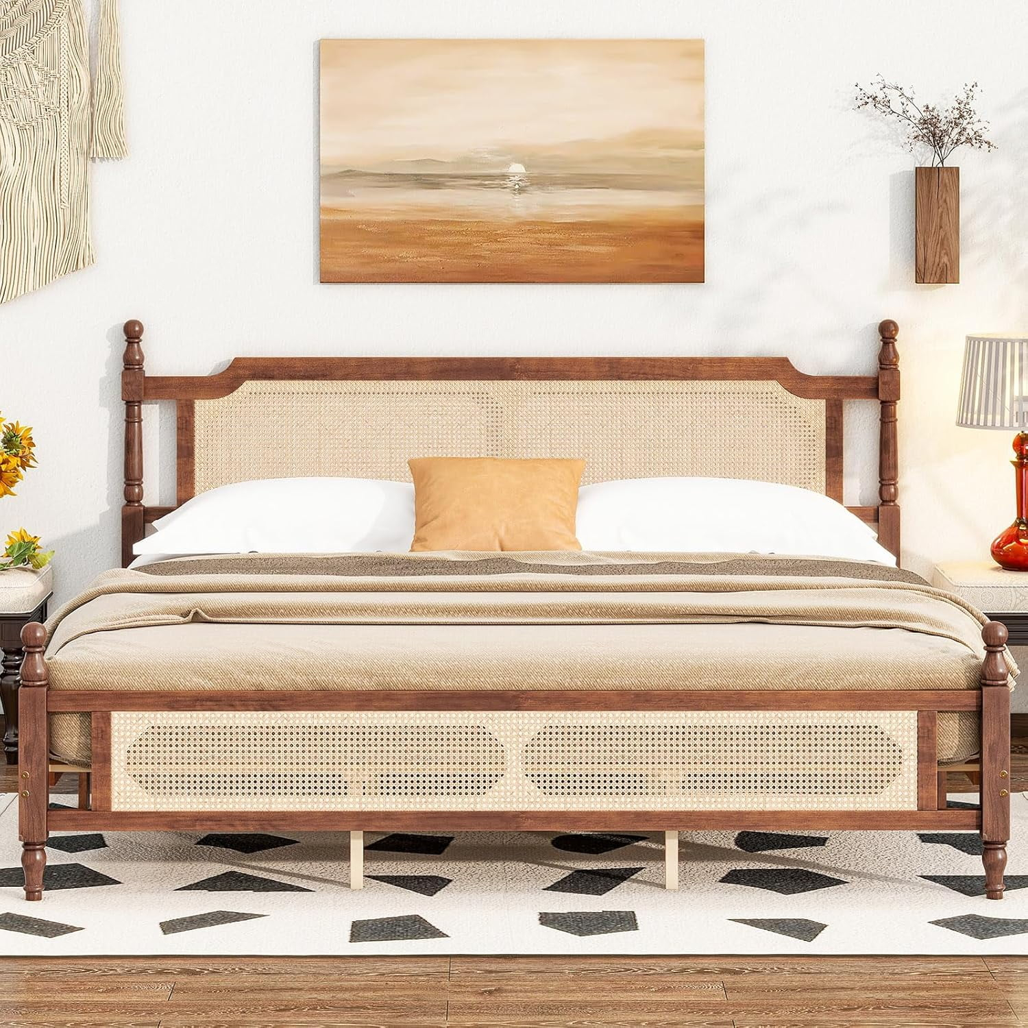 Boho Bed Frame King With Rattan Headboard, Rattan Bed Frame & King Beds ... for Solid Wood King Bed Frame With Storage