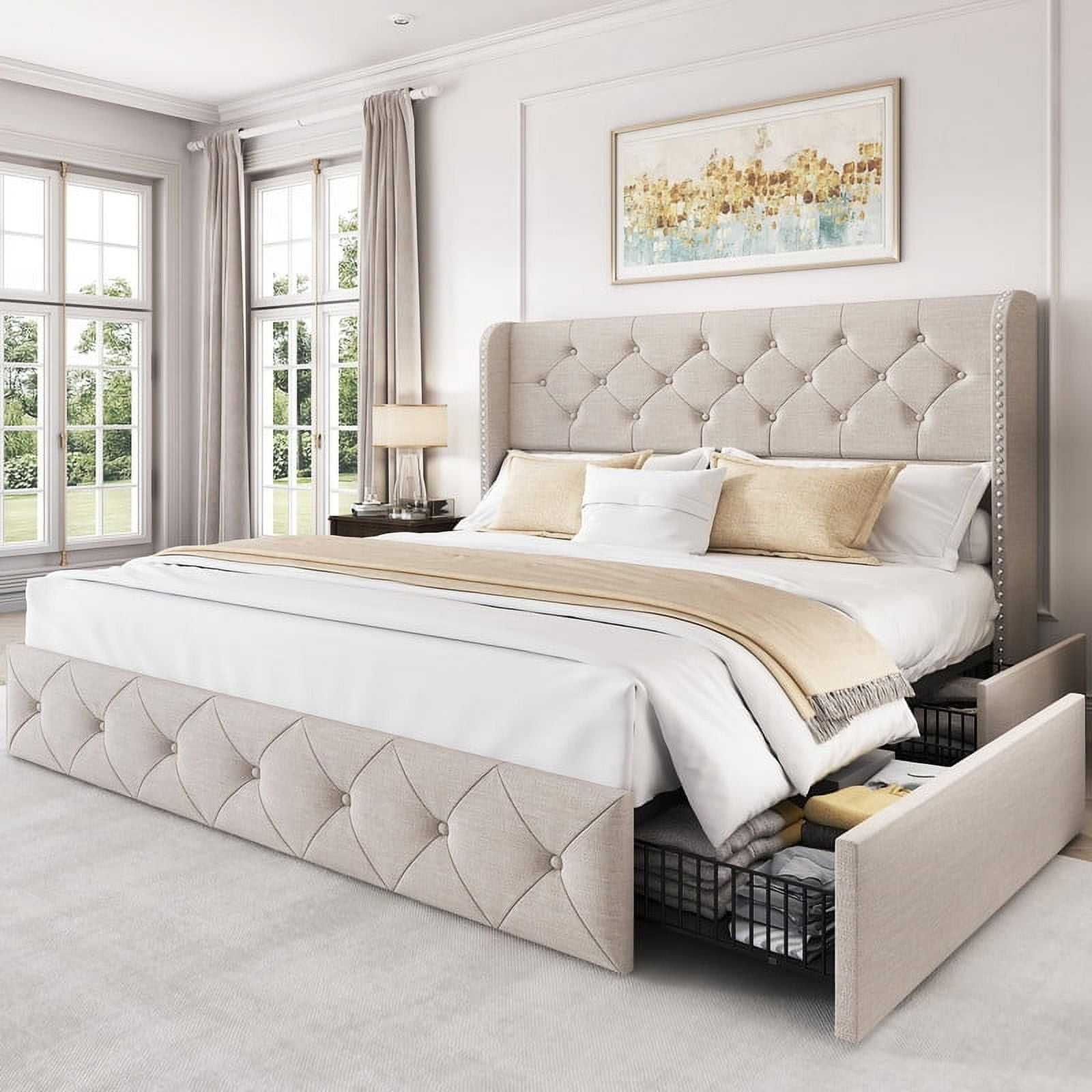 Breltam Queen Size Bed Frame With 4 Storage Drawers And Tufted ... with regard to How Platform Beds with Storage Can Transform Your Bedroom Organization