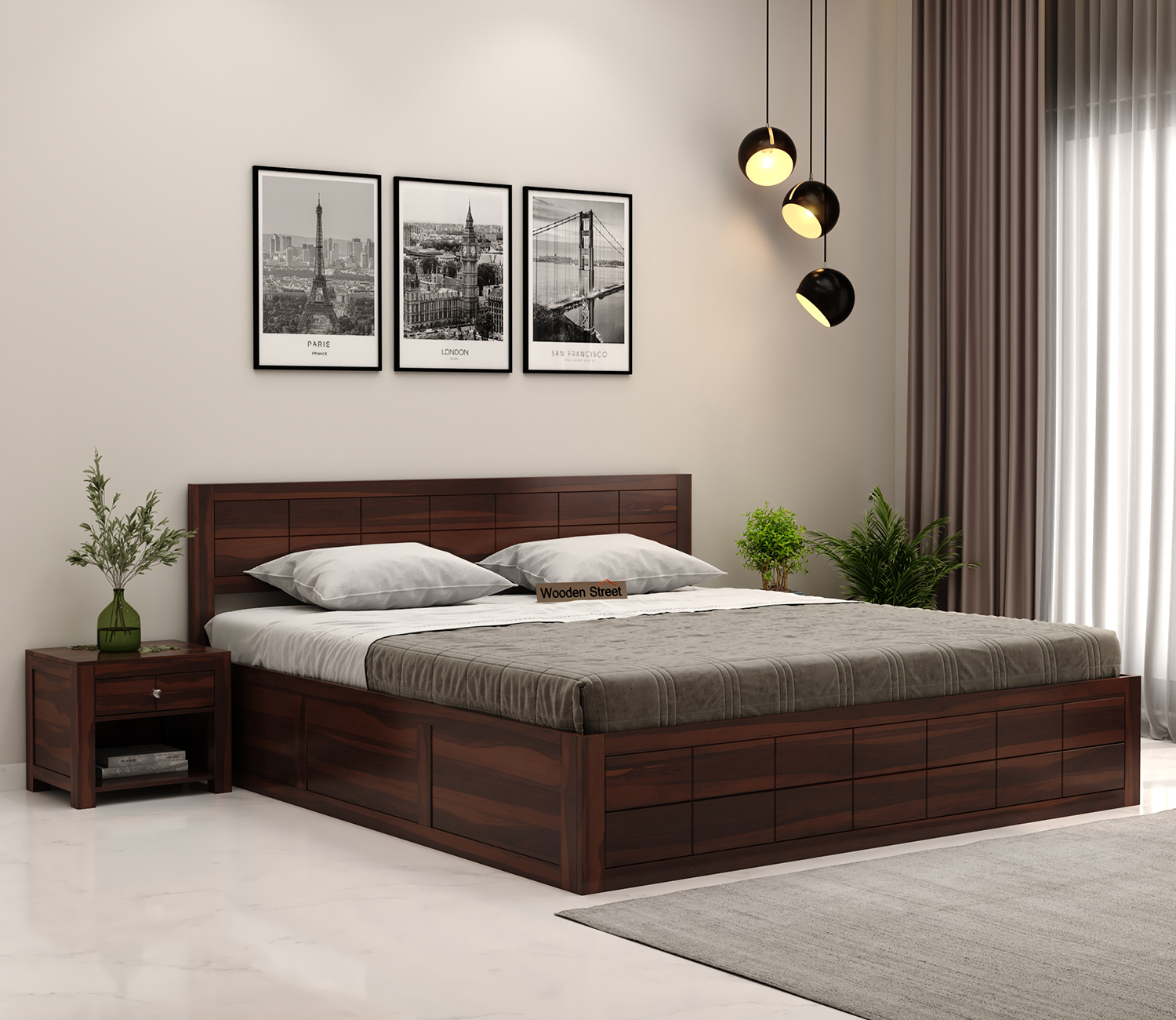 Buy Brixton Sheesham Wood Bed With Box Storage (Queen Size, Walnut ... in Bed With Storage Queen Size