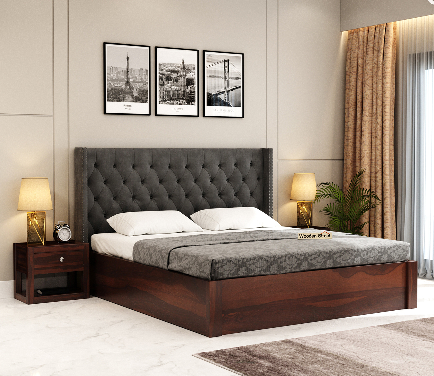 Buy Drewno Sheesham Wood Upholstered Bed With Hydraulic Storage (King ... in How much does a king size bed actually cost? A breakdown of real prices