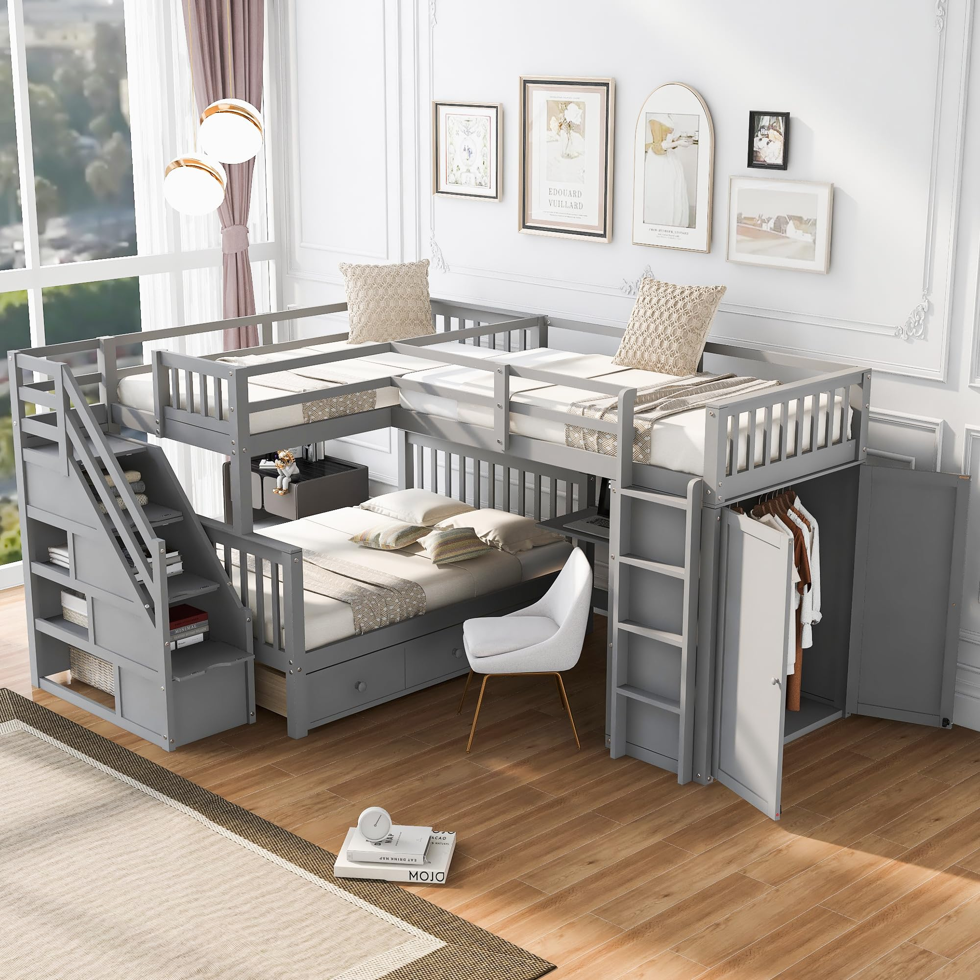 Buy Harper & Bright Designs L-Shape Triple Bunk Beds With Stairs, Desk ... intended for Creative Bunk Bed Stair Designs That Double as Storage