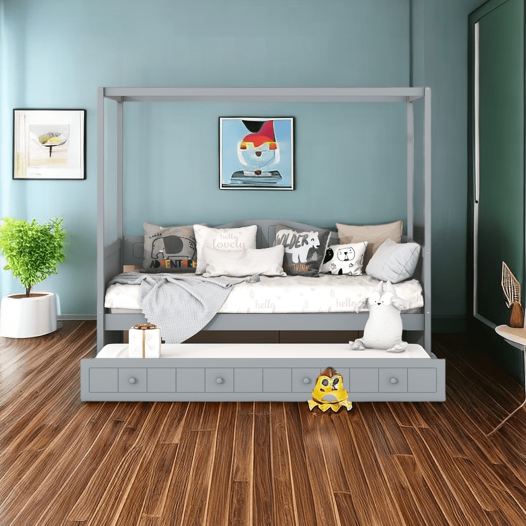 Canopy Bed, Twin Size Canopy Day Bed With Twin Size Trundle, Four ... inside How to Choose the Perfect Twin Canopy Bed with Trundle for Your Space