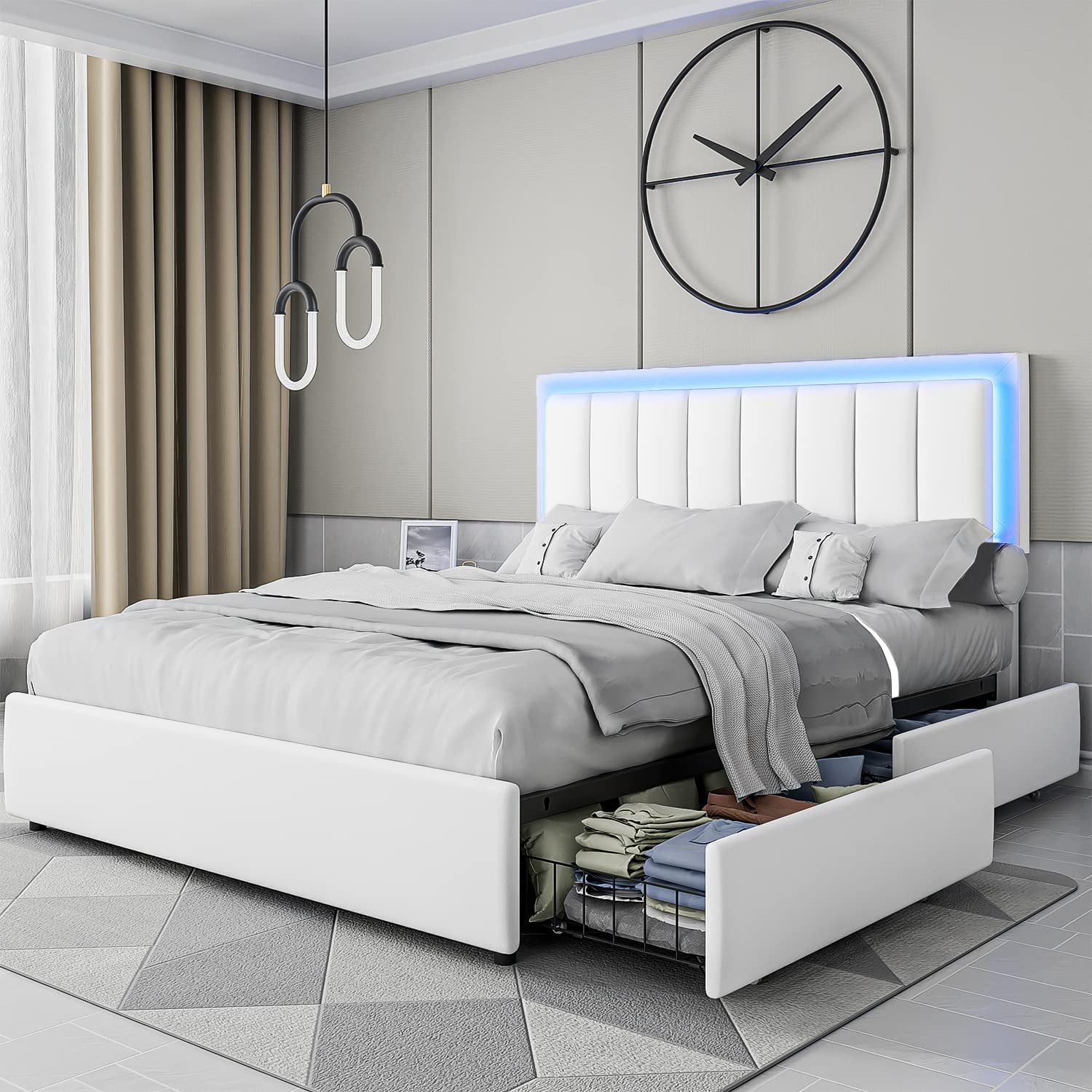 Catrimown Full Size Platform Bed Frame With Led Headboard, Storage ... with White Bed Frame With Drawers