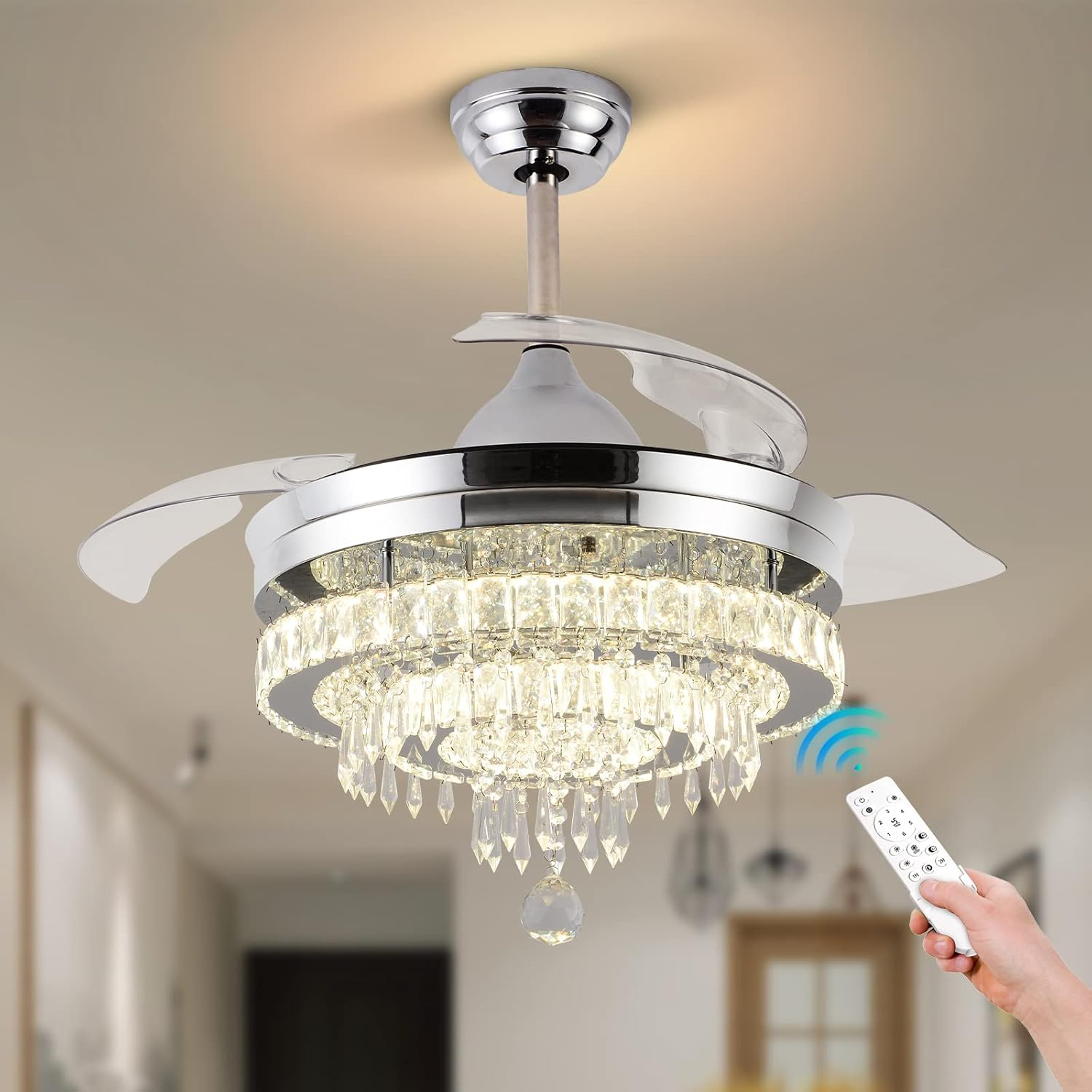 Clairdai 42" Dimmable Fandeliers Crystal Ceiling Fan With Light Led ... inside Maximizing airflow and ambiance with bedroom chandelier ceiling fans