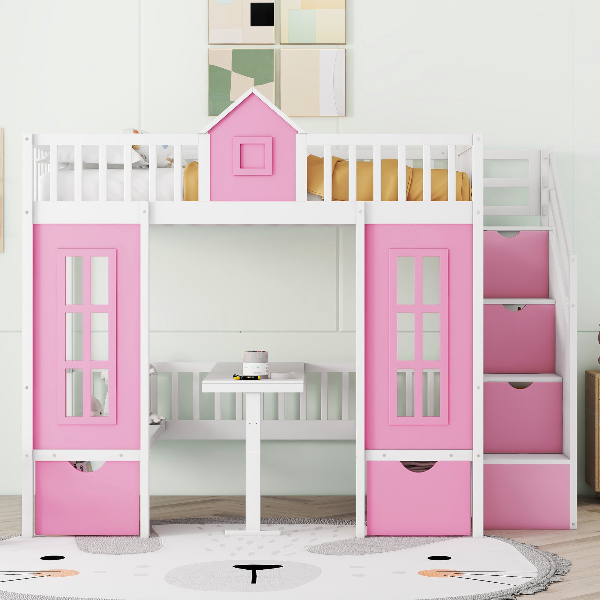 Convertible Full Over Full Bunk Beds With Stairs, Desk And Storage ... in Bunk Beds With Stairs And A Desk