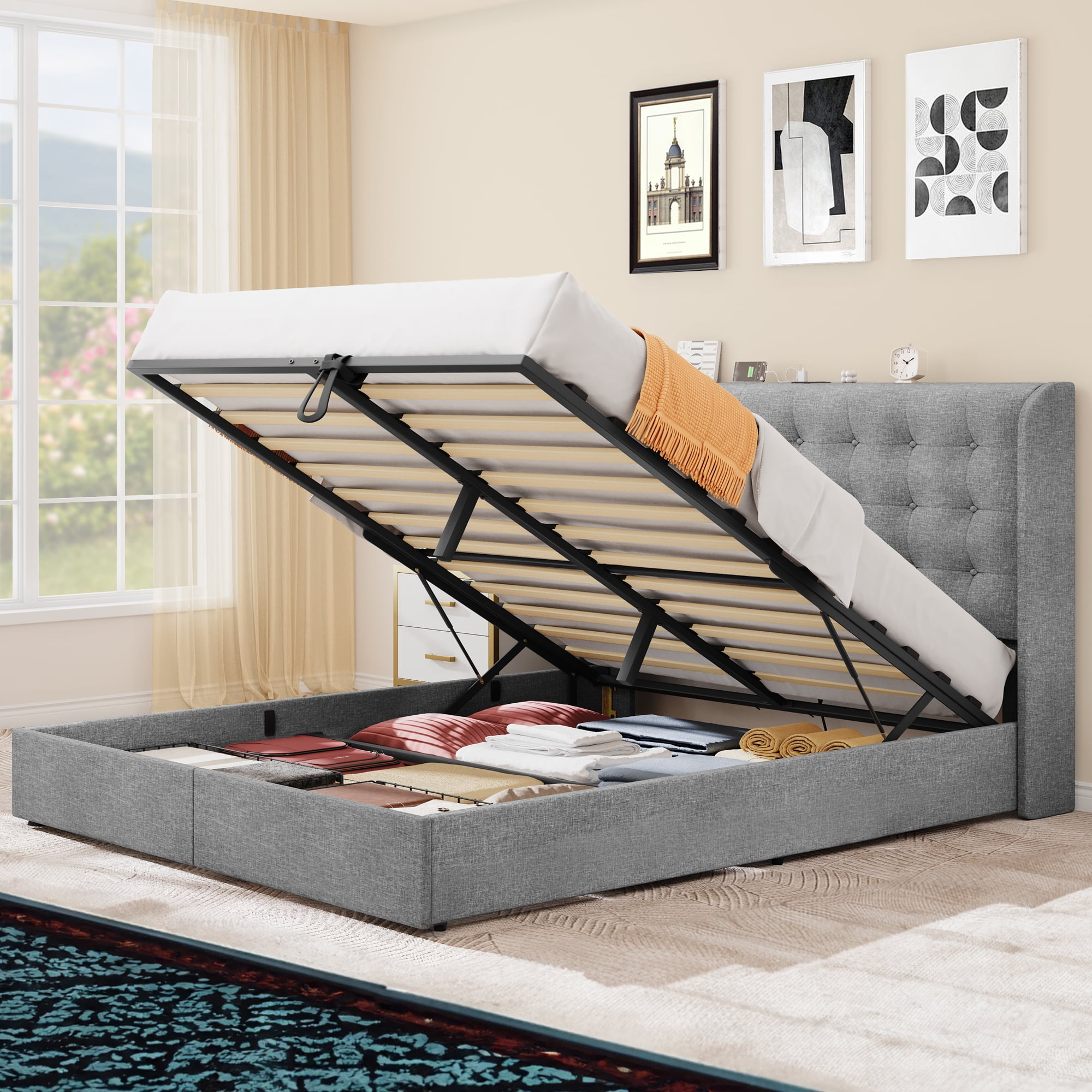 Dextrus King Size Platform Bed Frame With Hydraulic Lift Storage ... inside King Size Storage Platform Bed