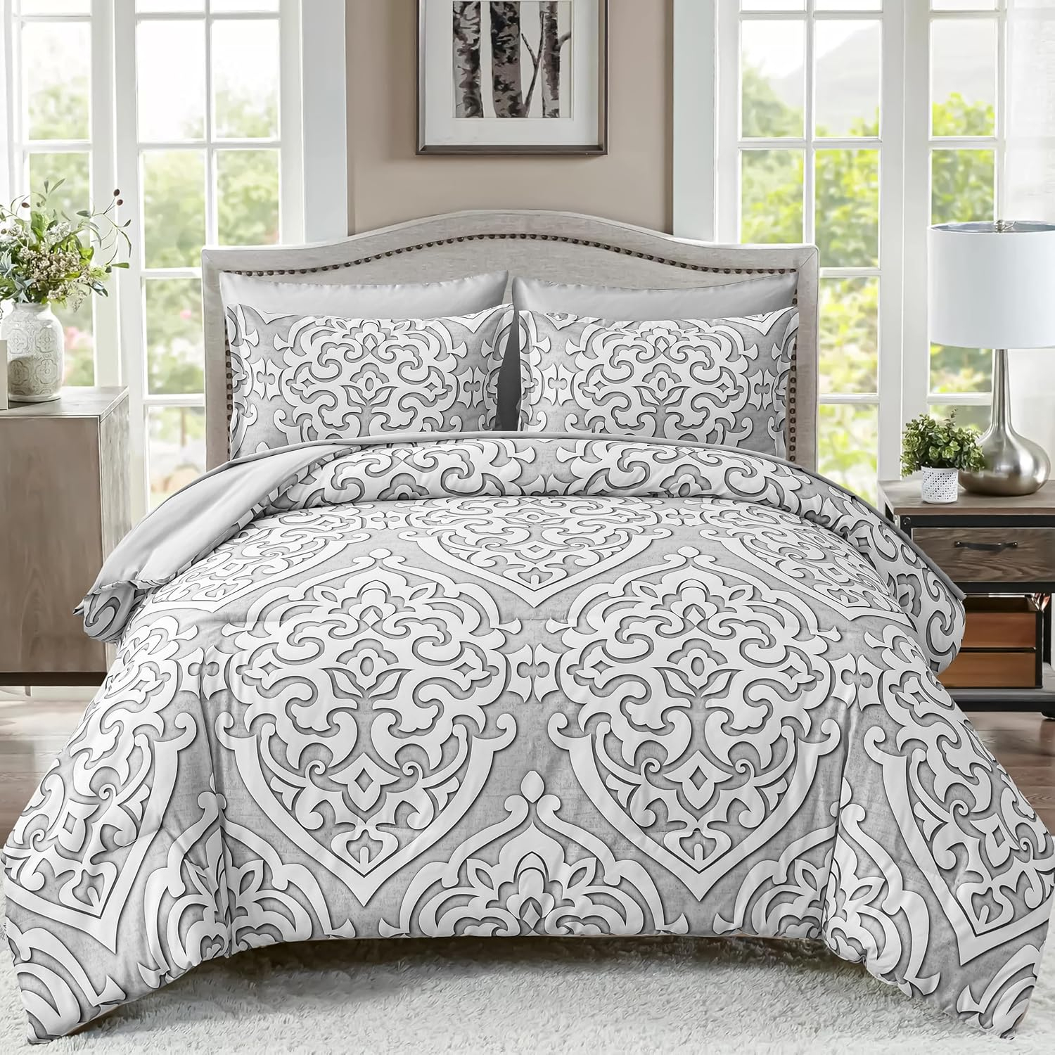 Djy Gray Comforter Set Queen Size Boho Damask Pattern Bed In A Bag ... regarding Gray Queen Size Bed Set