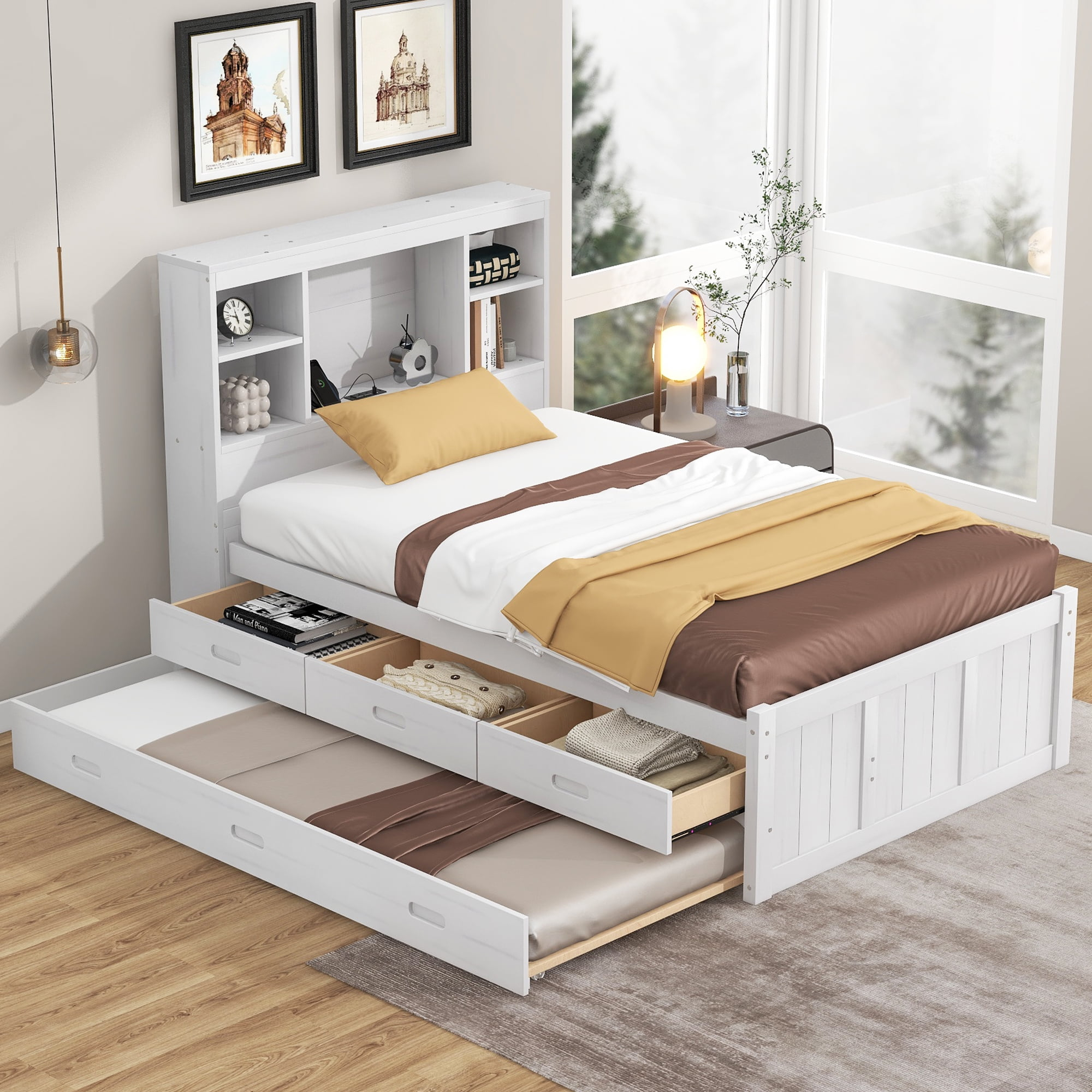 Euroco Solid Wood Twin Bed With Storage, Bookshelf Headboard, Trundle ... inside Wood twin bed with storage vs traditional beds explained