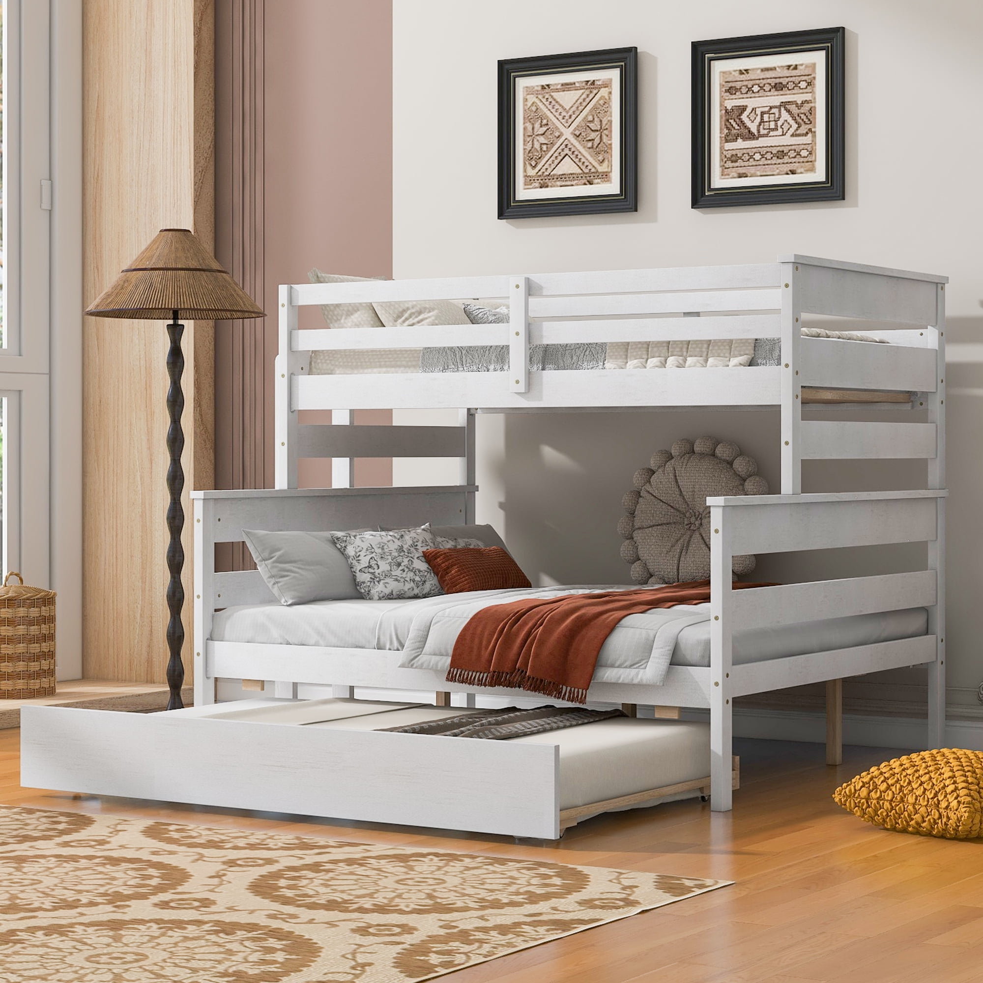 Euroco Wood Twin Over Full Size Bunk Bed With Trundle, 3-In-1 Beds For ... intended for Twin Over Full Size Bunk Bed With Trundle