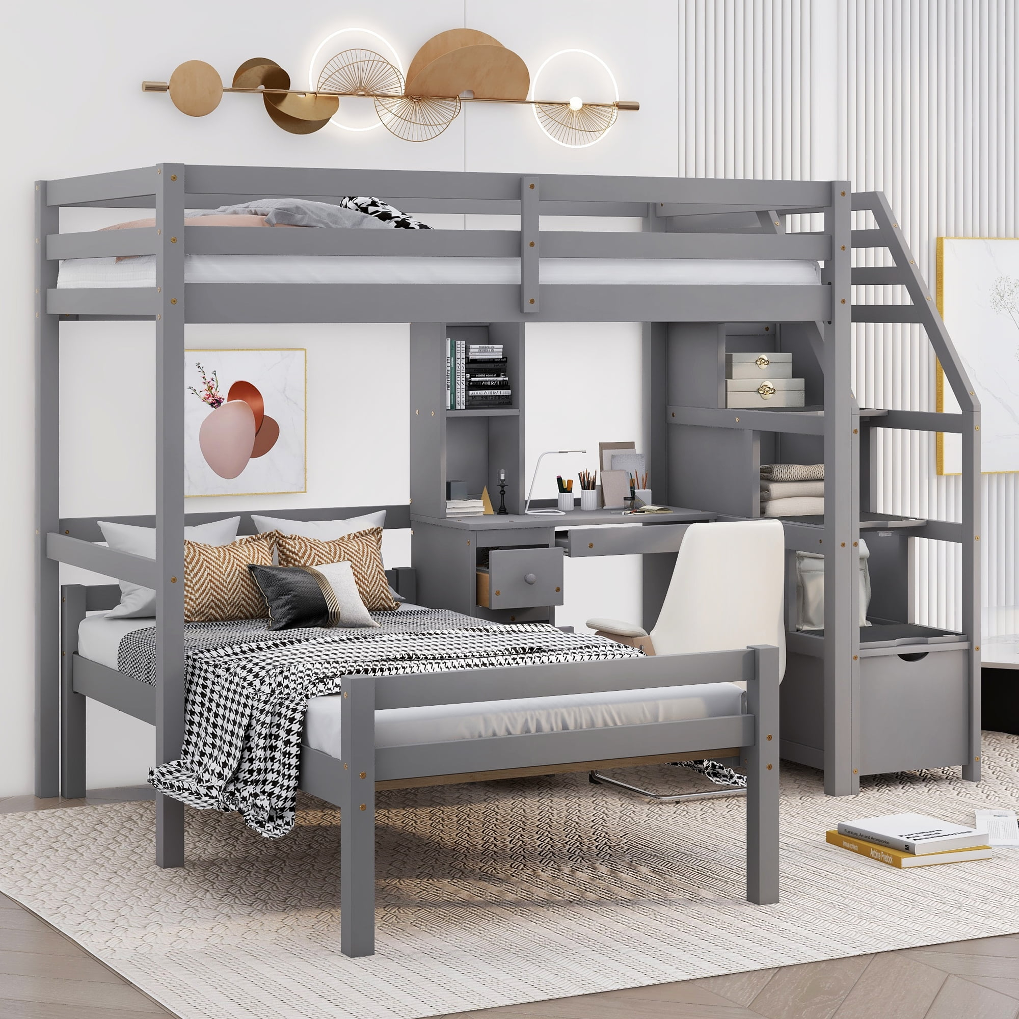 Euroco Wood Twin Size Bunk Loft Bed With Desk, Drawers And Shelf For ... regarding Designing Effective Study Zones Within Double Loft Bed Setups