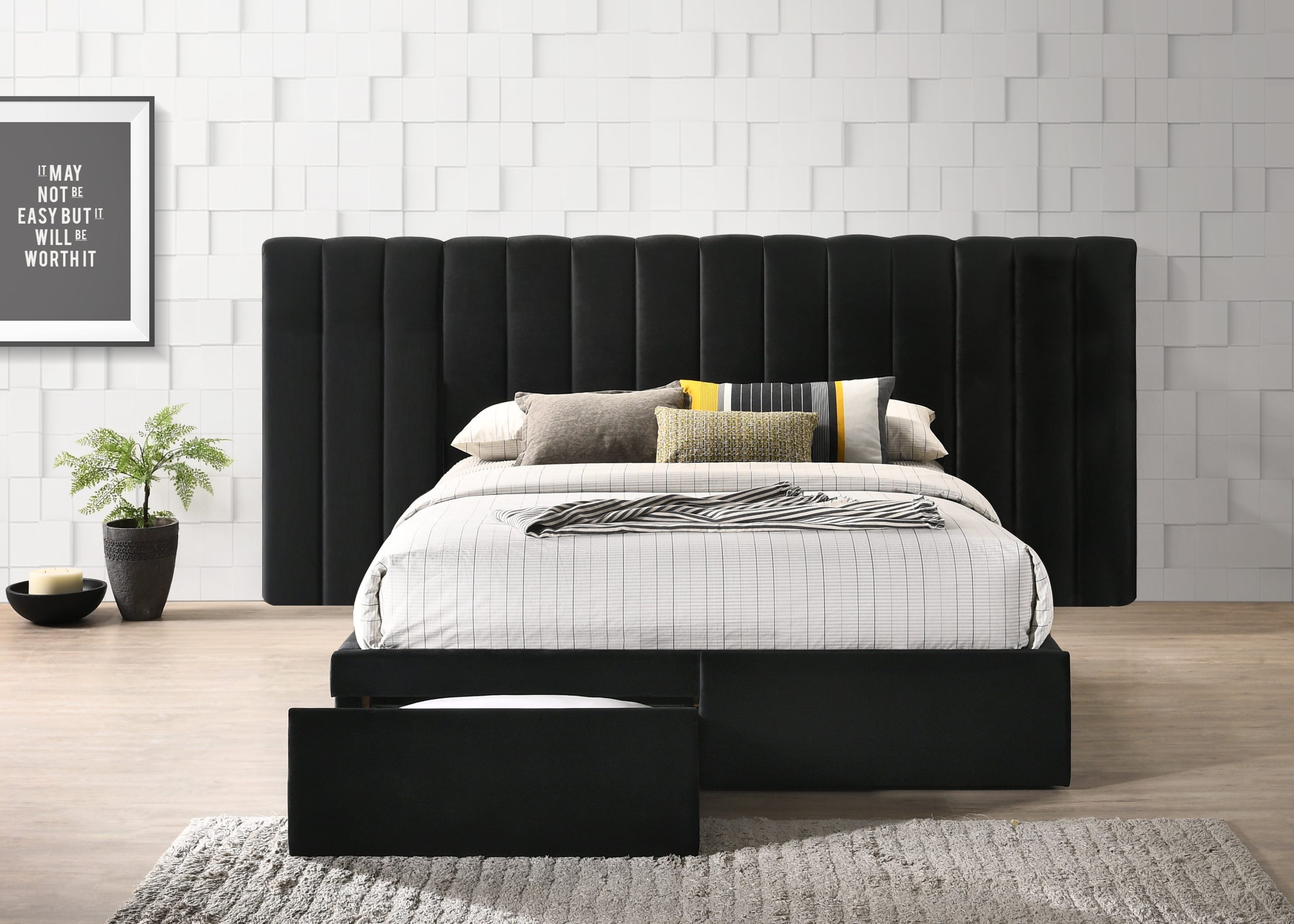 Faro Velvet Bed Frame With Extra Wide Headboard And Storage, King Size ... with regard to Black King Bed Frame With Storage