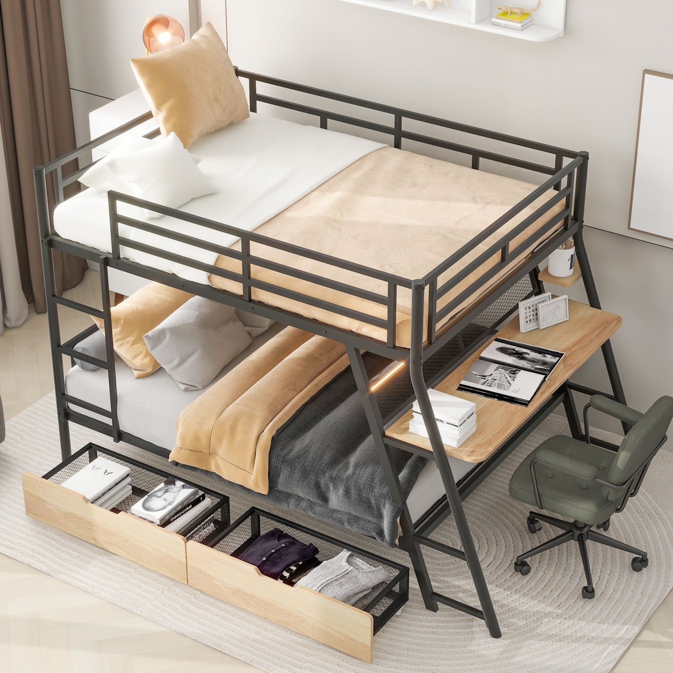 Full Over Full Bunk Bed With Desk, Full Bunk Bed With 13" Full-Length ... inside Bunk Beds Full On Full